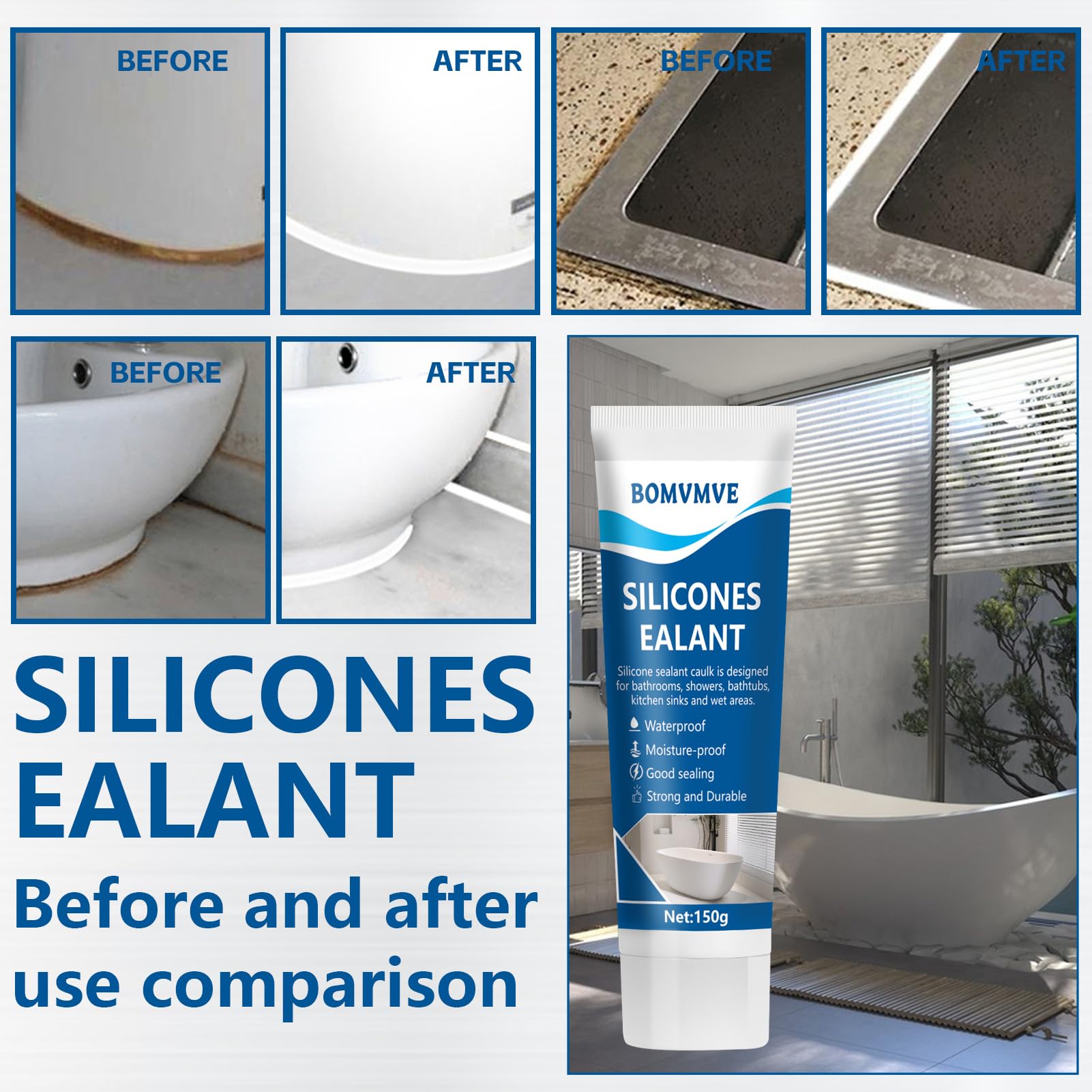 Silicone Bagno Bianco Bagno Silicone Bianco Bagno Silicone Silicone Bagno Cucina Silicone Bottoni Impermeabili per Sigillare Cucine Bagno e Cabine Doccia (150g)