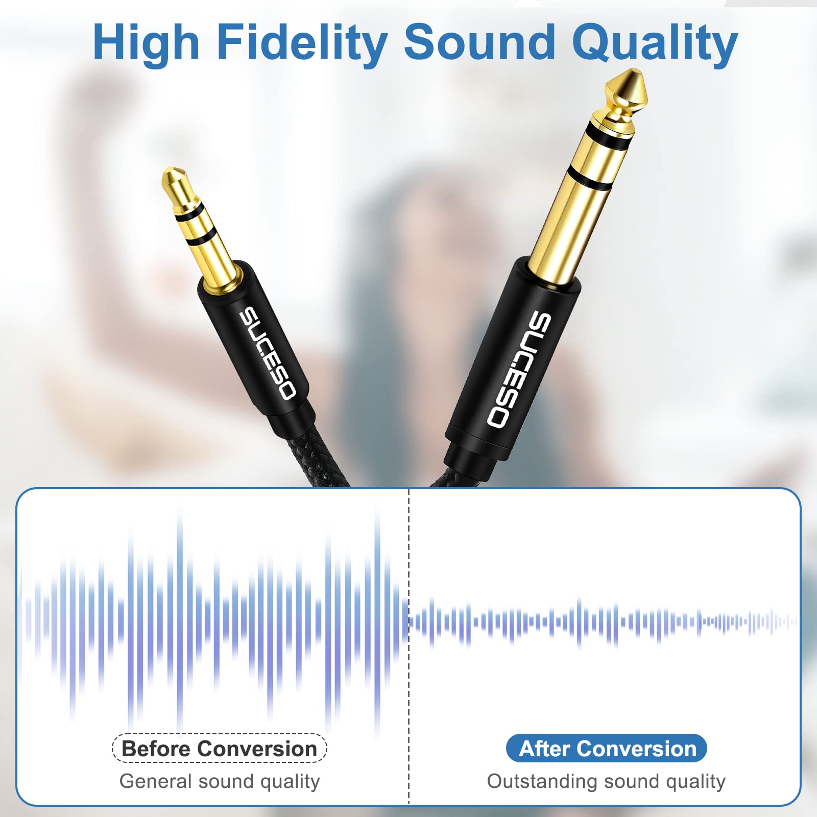 SUCESO 3.5mm to 6.35mm Stereo Jack Cable 6.35mm 1/4" Male TRS to 3.5mm 1/8" Male Stereo Audio Cable Nylon Braided Compatible with Amplifier Speaker Earphone Laptop iPods iPad Home Theater Devices-3M - Image 4