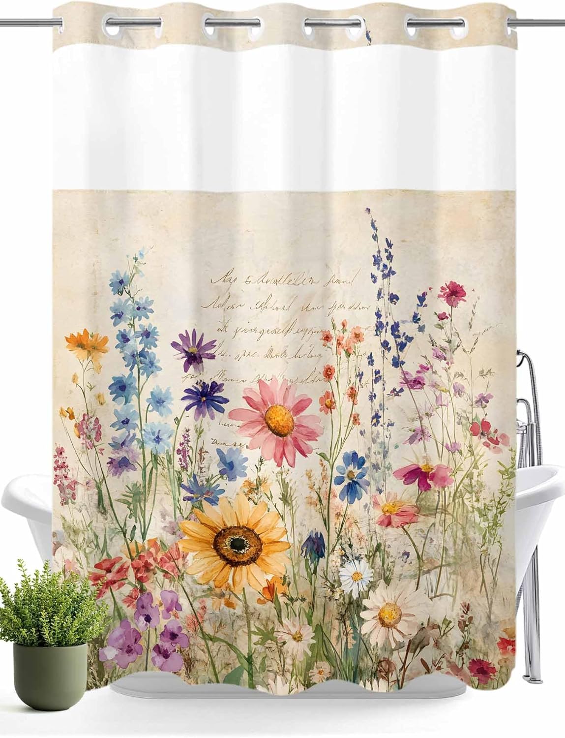 No Hook Shower Curtain with Snap in Liner, Spring Summer Flower Vintage Waterproof Fabric Bathroom Curtain Mesh Top Window Washable, Floral Wildflowers Colorful 72" x 84"