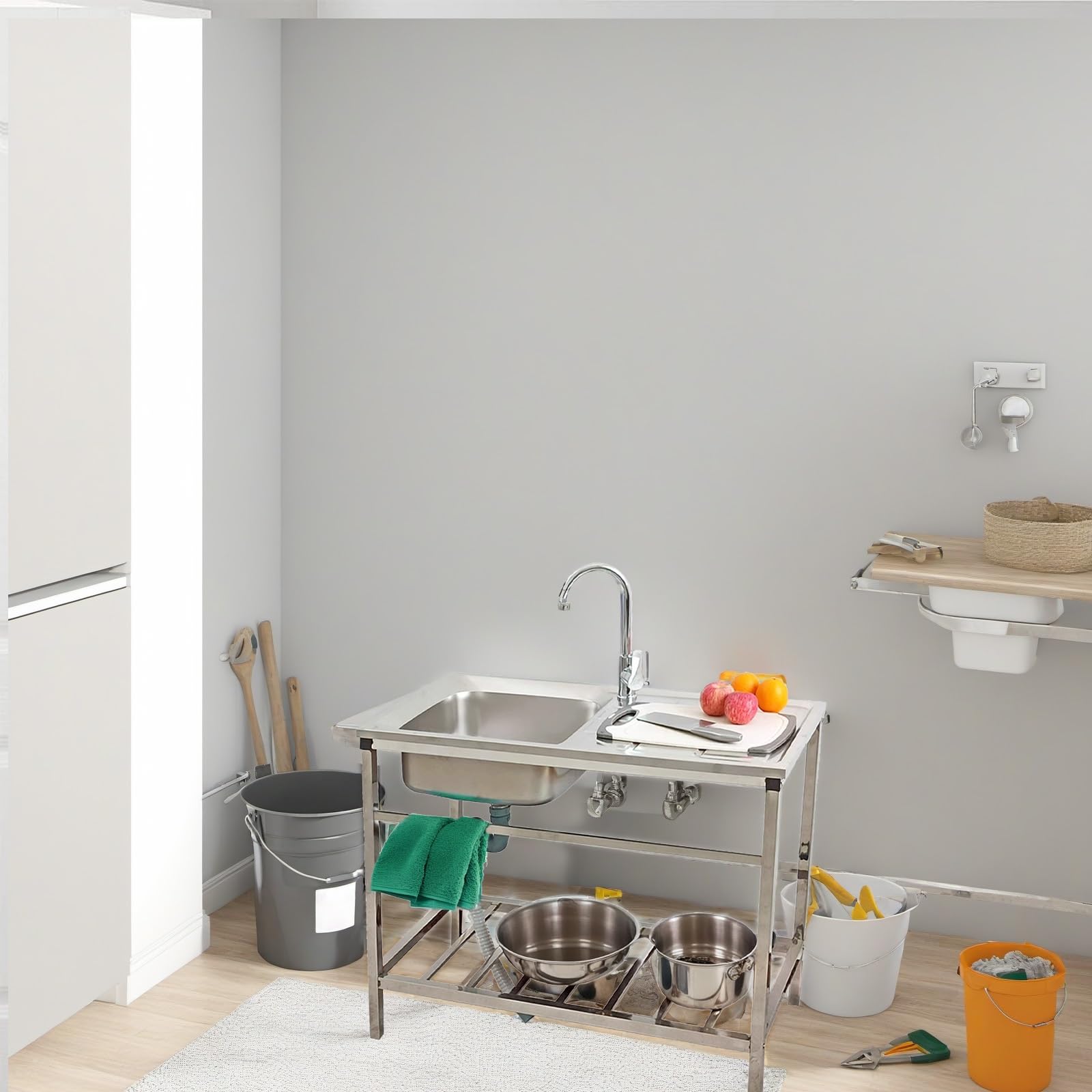 Extérieur Évier De Jardin Évier Sur Pieds En Acier Inox 1 Bac Mobile Cuisine Commercial Autoportant ÉVier avec Robinet Évier Utilitaire pour Sous-sol Restaurant Facile à Nettoyer 75x40xH75cm