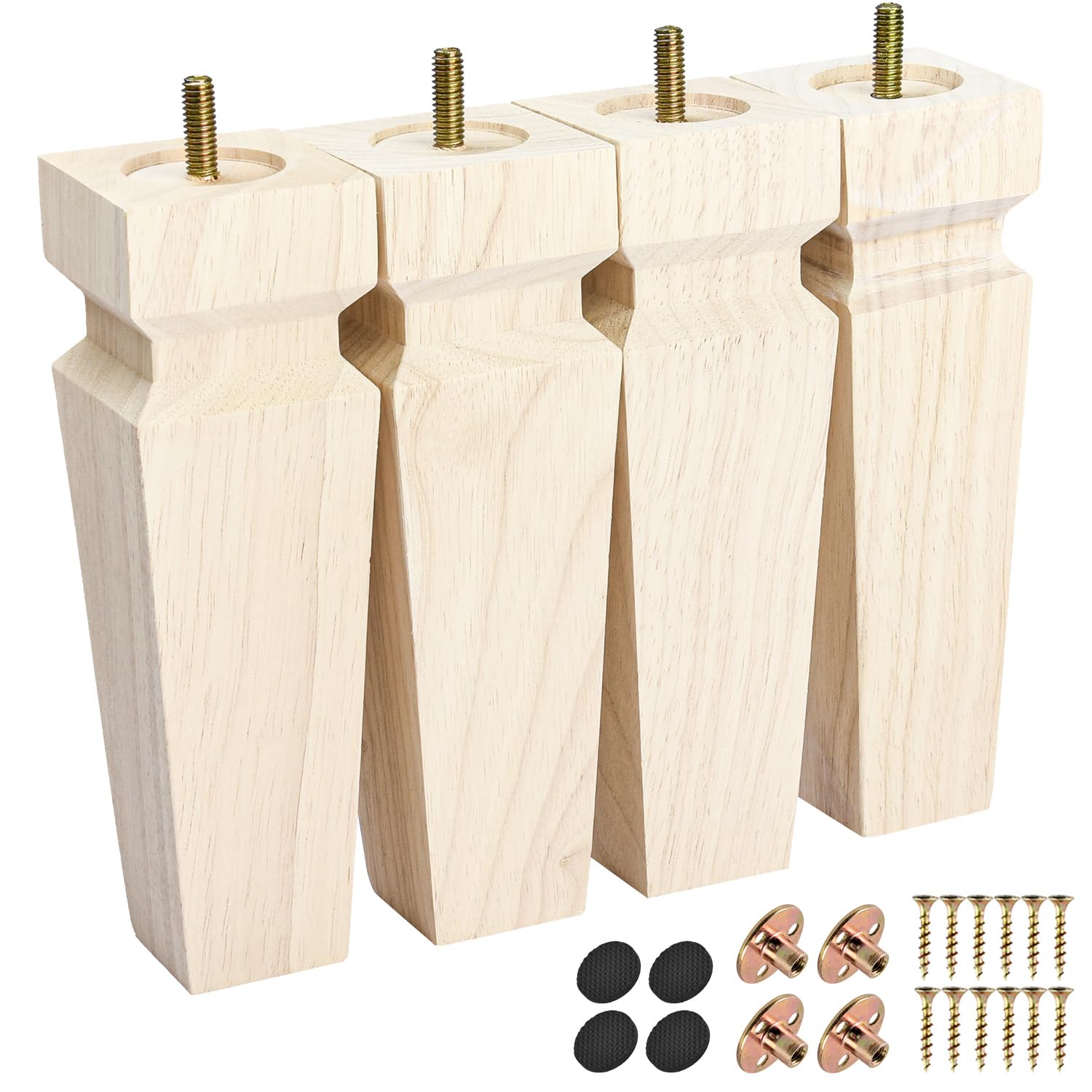 6 Inch/15cm Wood Furniture Legs,4PCS Solid Wood Legs Carved Geometry Sofa Legs Unfinished DIY Wooden Replacement Bun Feet with Installation Hardware for Couch Cabinet Table Bench TV Stand Dresser