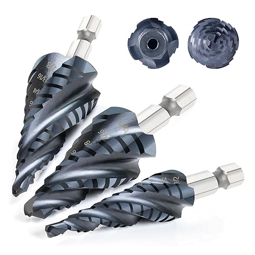 Broca escalonada de cobalto de cuatro espirales, 3 piezas (14 a 78 pulgadas) M35 de cobalto resistente al desgaste con revestimiento AlTiN, taladro
