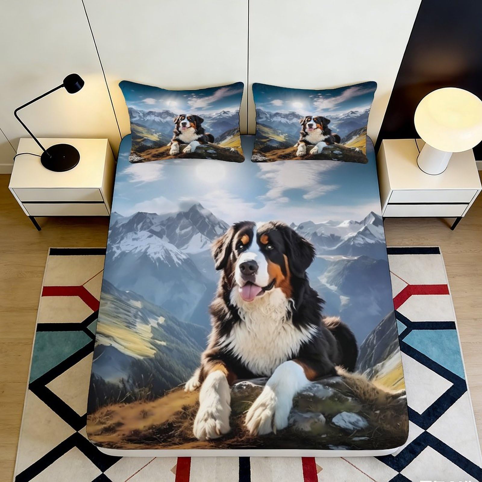 Pnayamiorkfel Style-8 3D Printed Bernese Mountain Dog Fitted Sheet Microfiber Soft Breathable Alpine Landscape Mattress Cover For Bedroom Decor 90X200x25cm