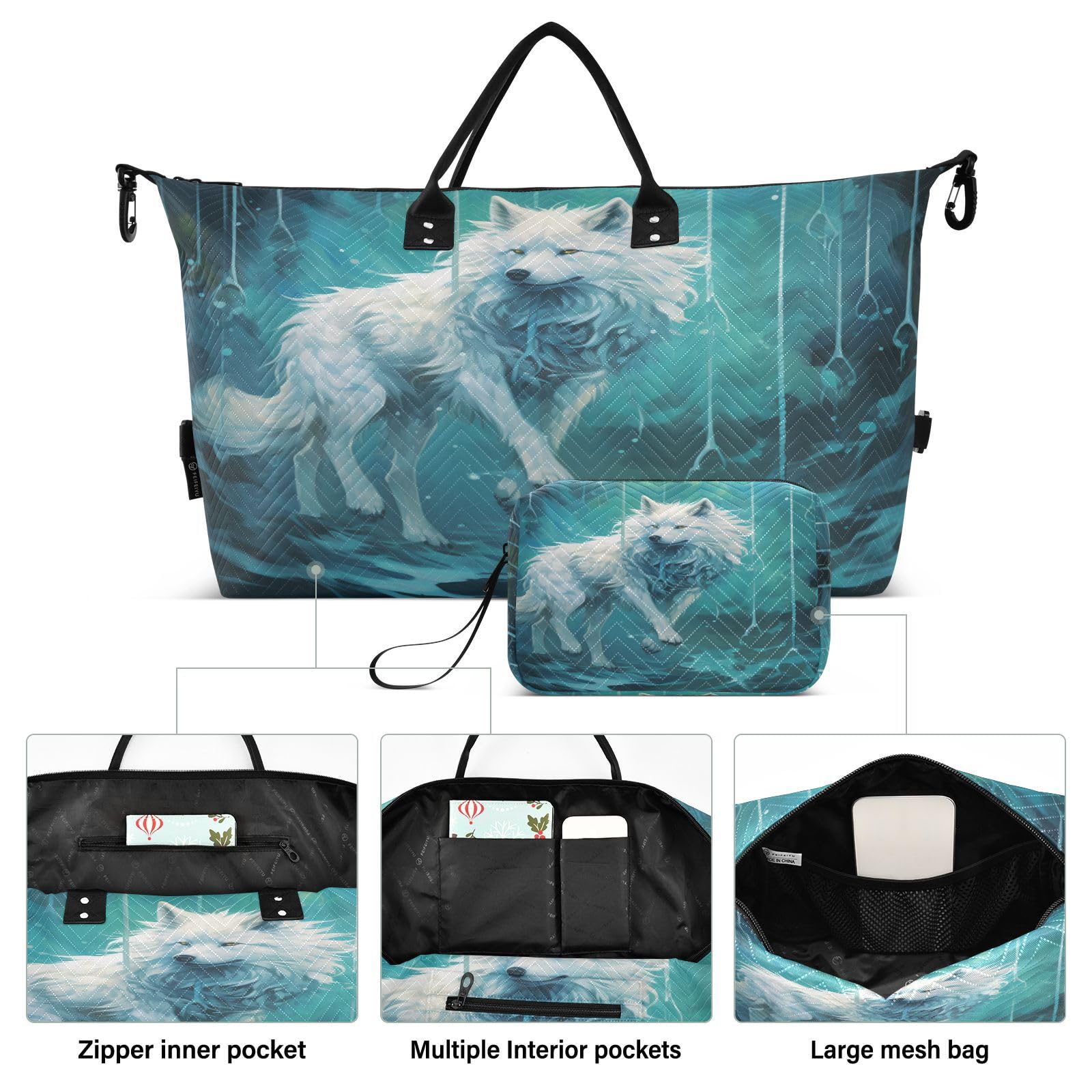 Fancy Blue Watercolor Wolf Sports Swim Gym Bag Weekender Duffel Travel Bags Handbag with Makeup Storage Bag for Girls Men