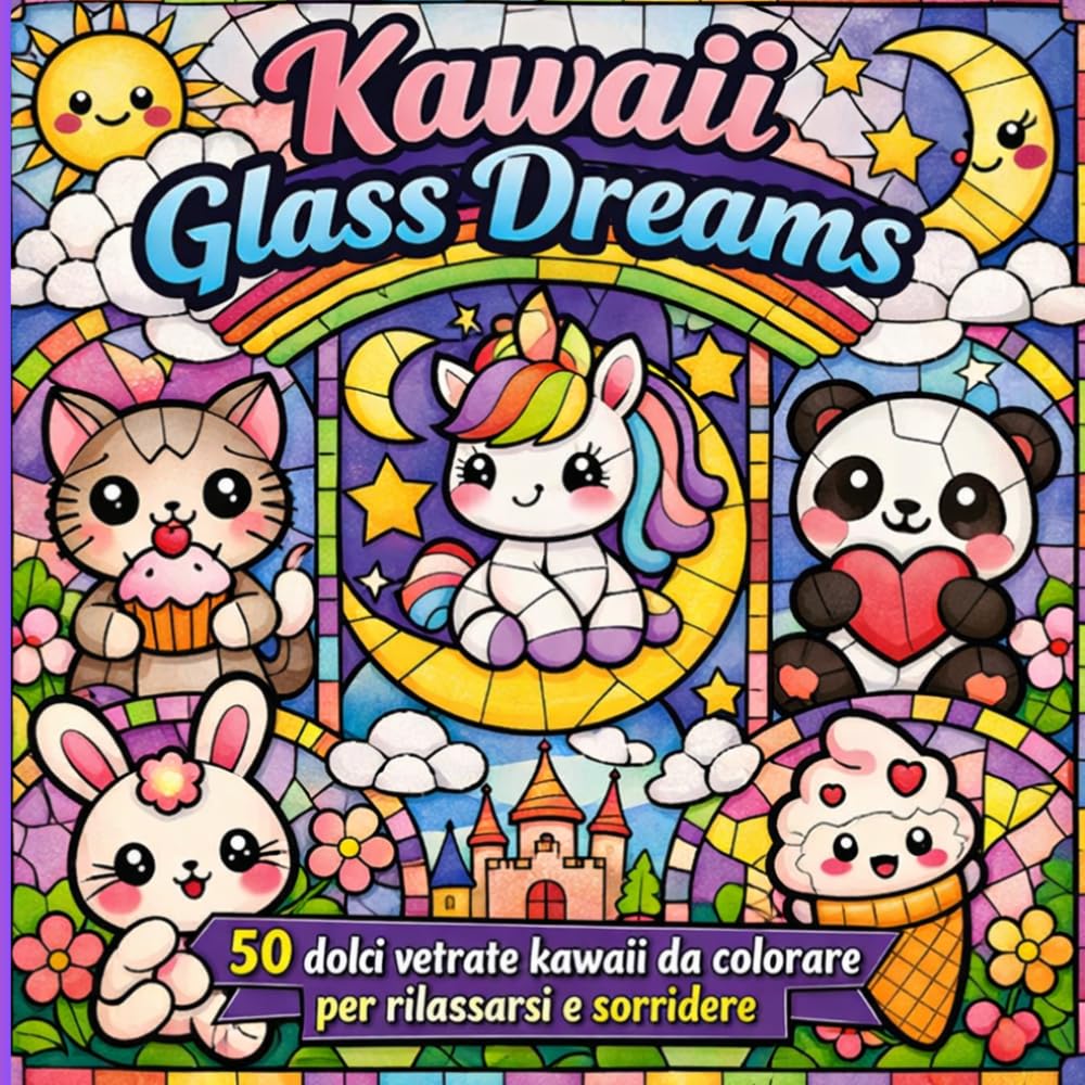 Kawaii Glass Dreams: 50 dolci vetrate kawaii da colorare per rilassarsi e sorridere