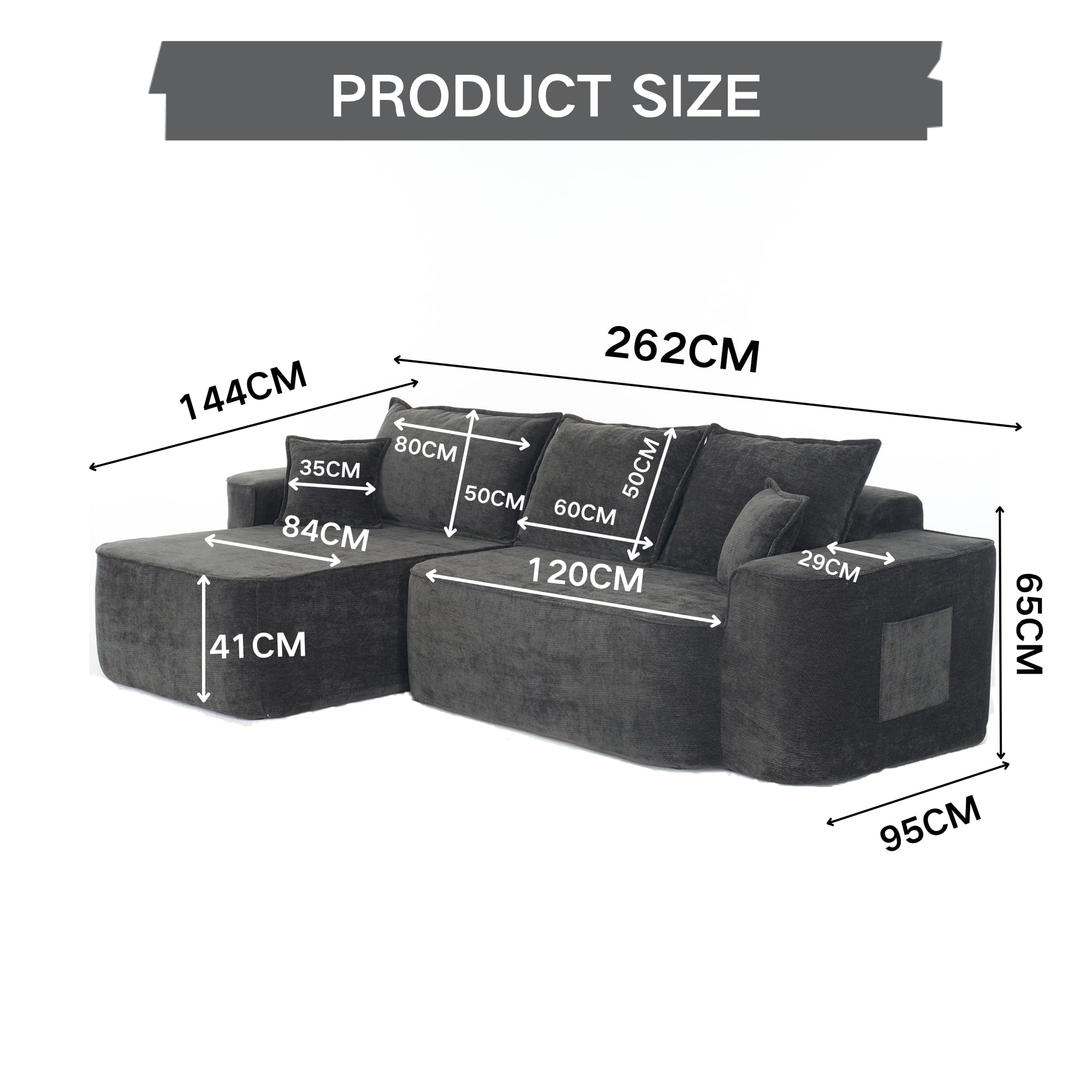 Bladez Canapé d'angle en forme de L avec méridienne, 262 cm, siège bas, XXL, modulable, sans montage, chenille noire, prêt à l'emploi (noir + 3 sièges, 262 x 144 x 65 cm)