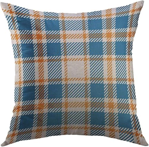 Mugod Funda de almohada cuadrada decorativa para el hogar, color azul, tartán, naranja, desayuno, brillante, para hombres, mujeres, dormitorio, 18 x