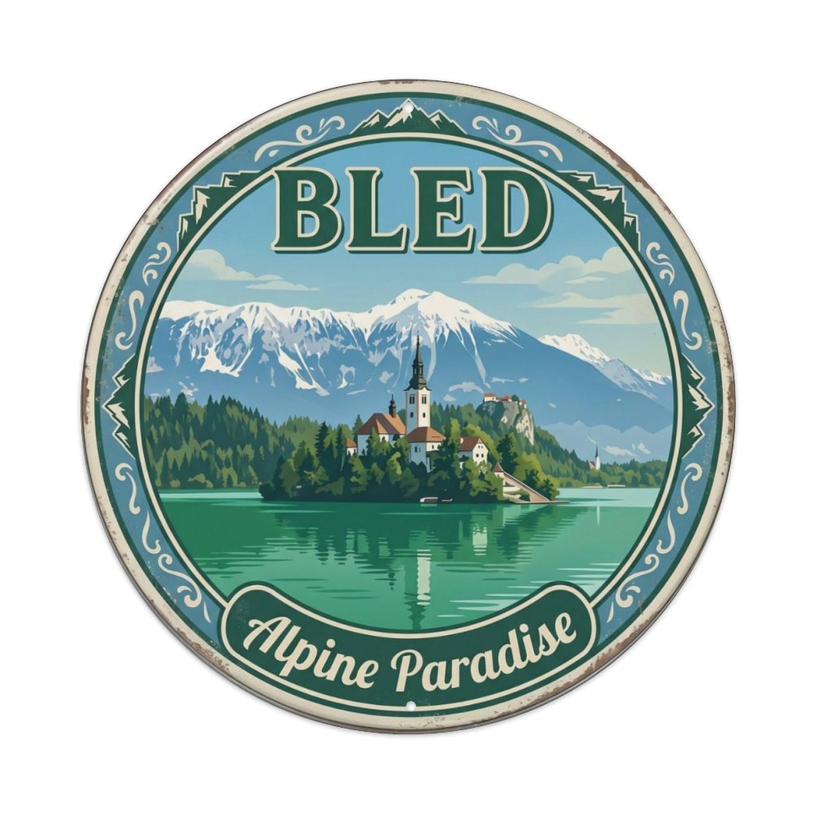 Vintage Travel Bled Slovenia Island Metal Tin Sign Plaque Wall Decor for Cafe, Club Bar, Office, Home Garden Round Metal Poster 8x8Inch