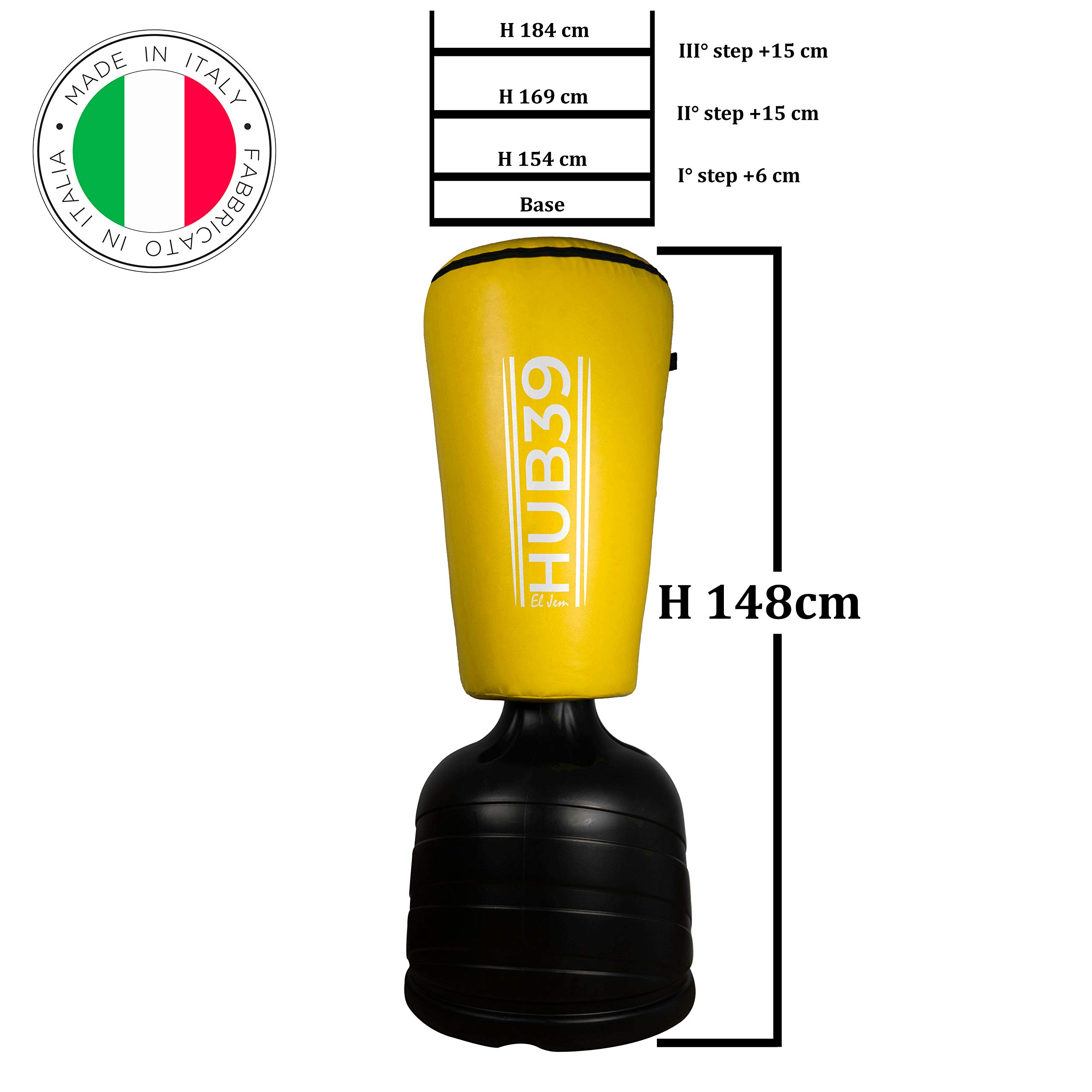Hub39 - Sacco da Boxe da Terra - Sacco Boxe con Base - Regolabile in 4 Altezze da 148, 154, 169 e 184 cm colore Giallo
