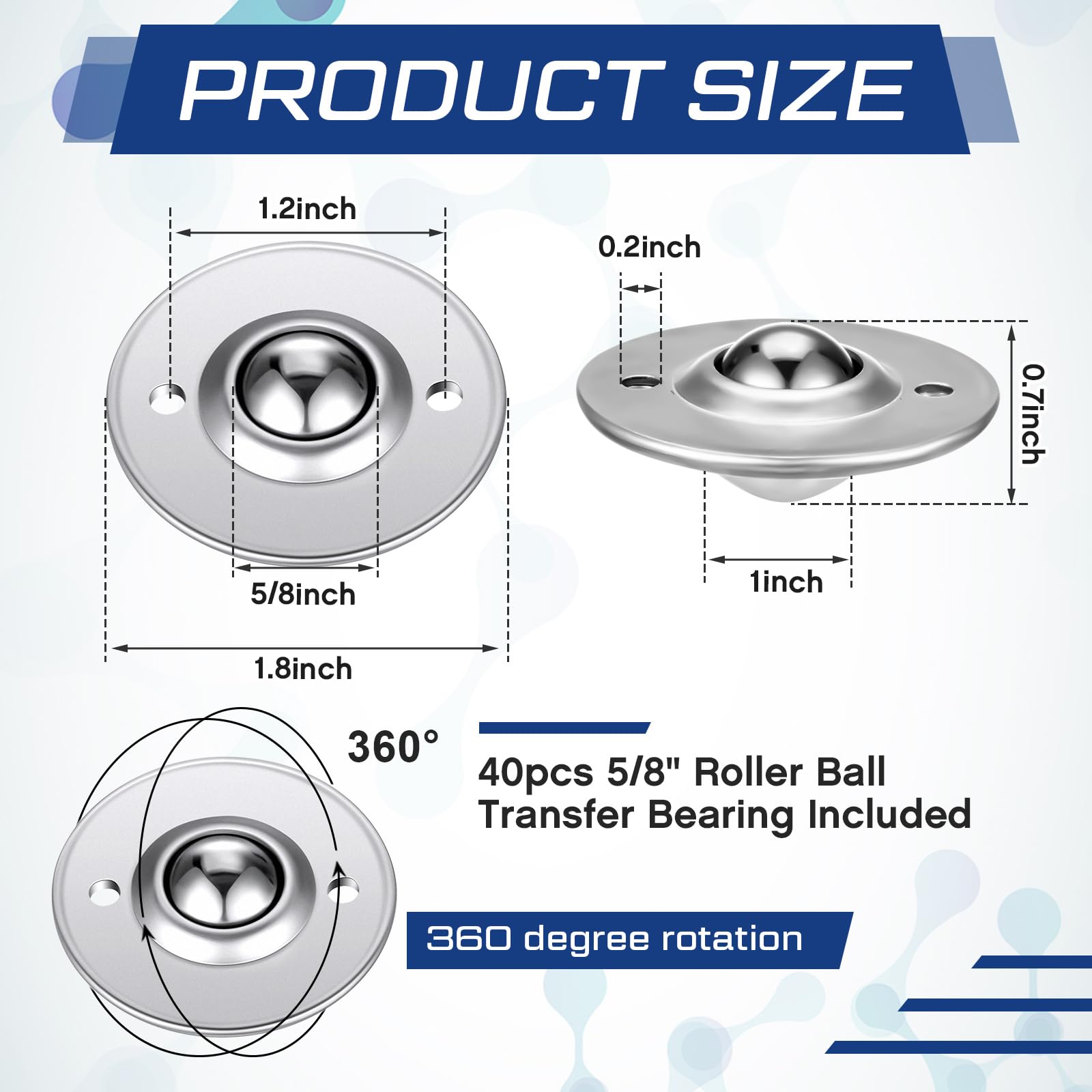 40 pièces Gisafai 5/8" roulement à billes de transfert à billes roulettes de transfert à billes en acier au carbone rouleaux à roulement à billes rotation à 360 for table de support à rouleaux de conv