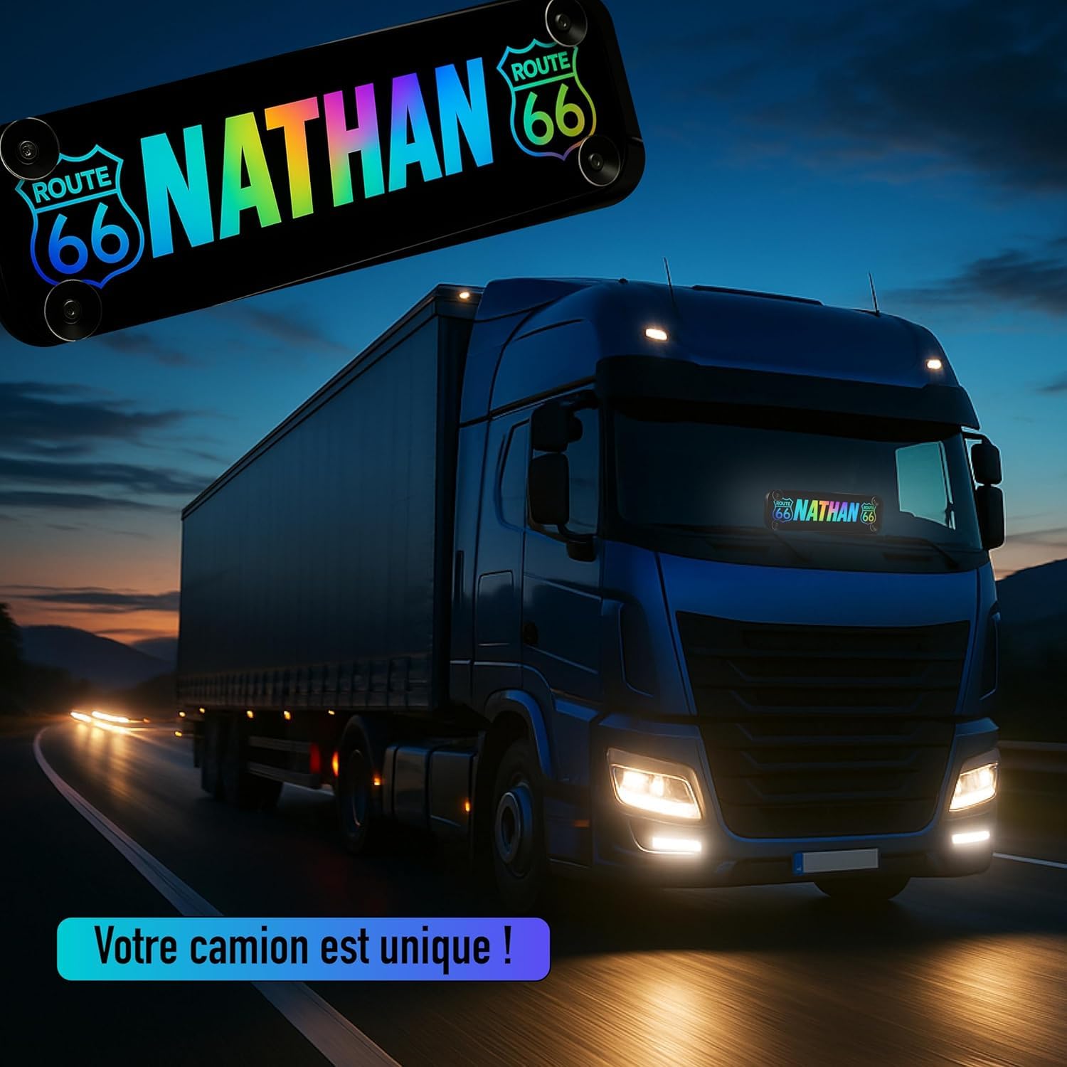 Plaque lumineuse camion personnalisé 60 x 14cm STICK OLIVIER® éclairage LED RGBW à ambiance musicale 5v 12v 24v USB plaque routier personnalisé [ Enseigne lumineuse personnalisable ]