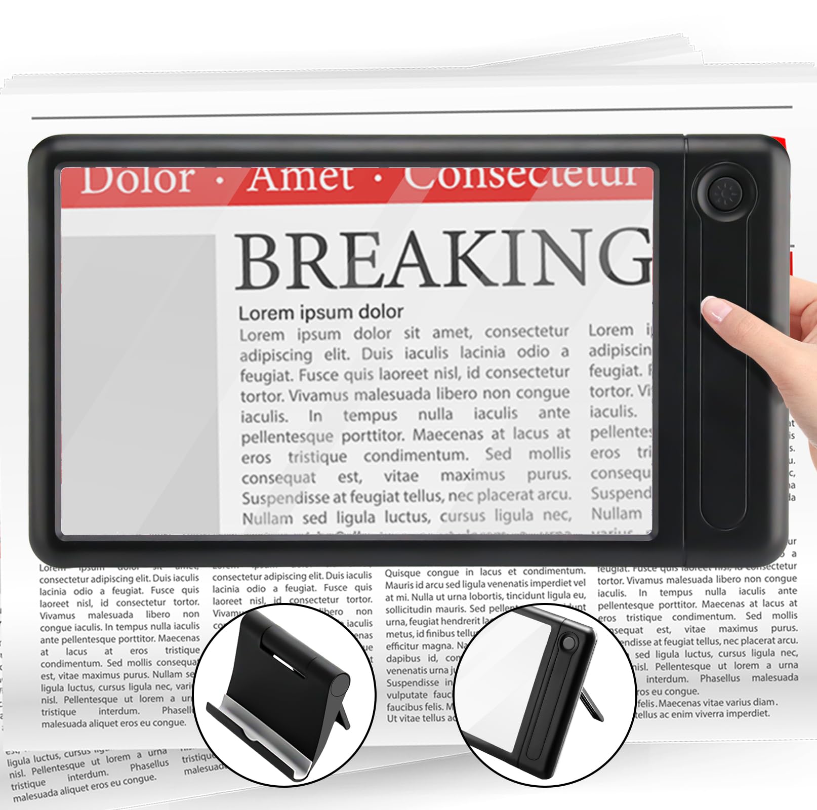 4X Magnifying Glass with Light for Reading, Full Page Magnifier with Dimmable LED, Handheld Magnifier with Carrying Stand for Reading Newspaper, Small Print for Seniors Low Vision