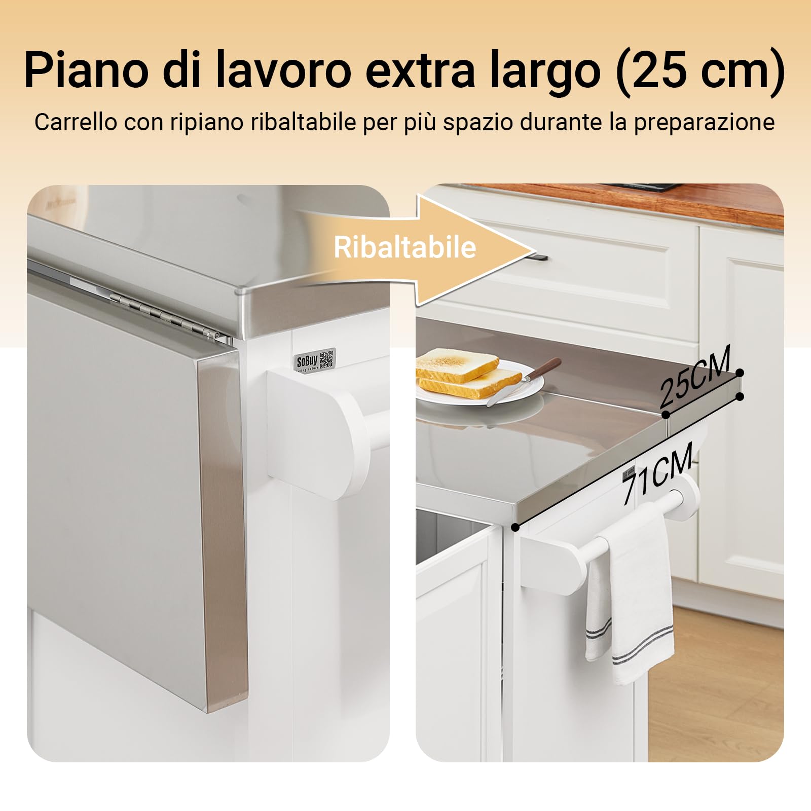 SoBuy Isola Cucina su Ruote con Piano di Lavoro Estendibile, Mobiletto Salvaspazio, Carrello da Cucina con Ruote, con Due Cassetti e Ripiano Regolabile 130 x 46/71 x 91cm Bianco FKW128-ST