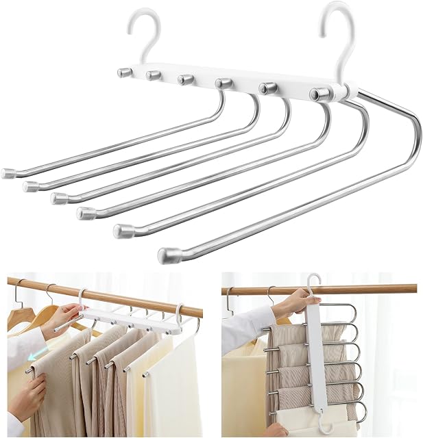 6 in 1 Trouser Hangers Space Saving, Foldable Space Saving Hangers for Trousers, Non-Slip Multifunctional Stainless Steel Magical Clothes Pants Rack for Scarves Jeans Towels Trousers Clothes