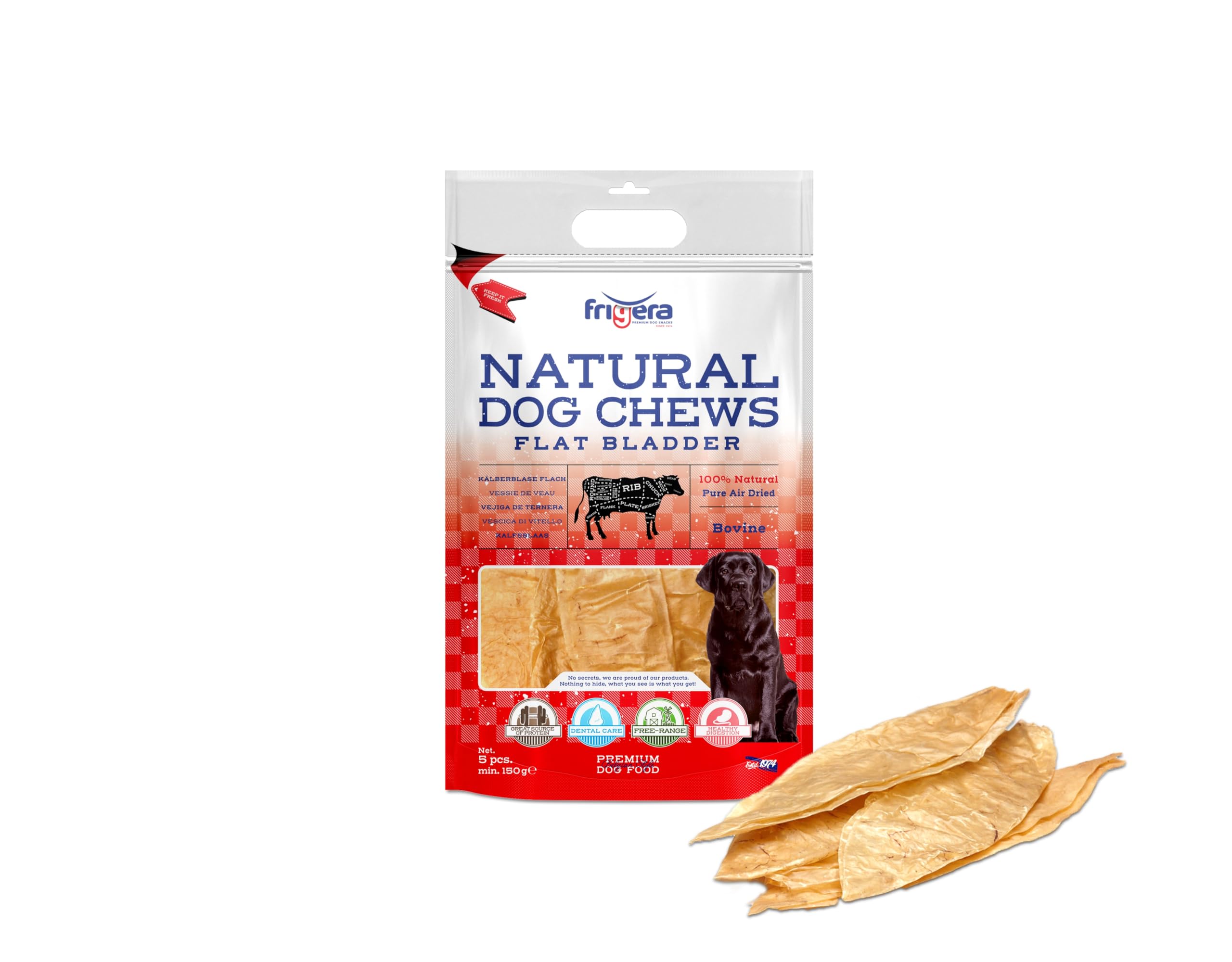 Frigera Natürliche Kälberblase flach 5 STK, 230g – Rind, Natürliche, Proteinreiche Leckerlis für Hunde, Gluten- und Getreidefrei, Hochwertige Hundesnacks ohne Zusatzstoffe