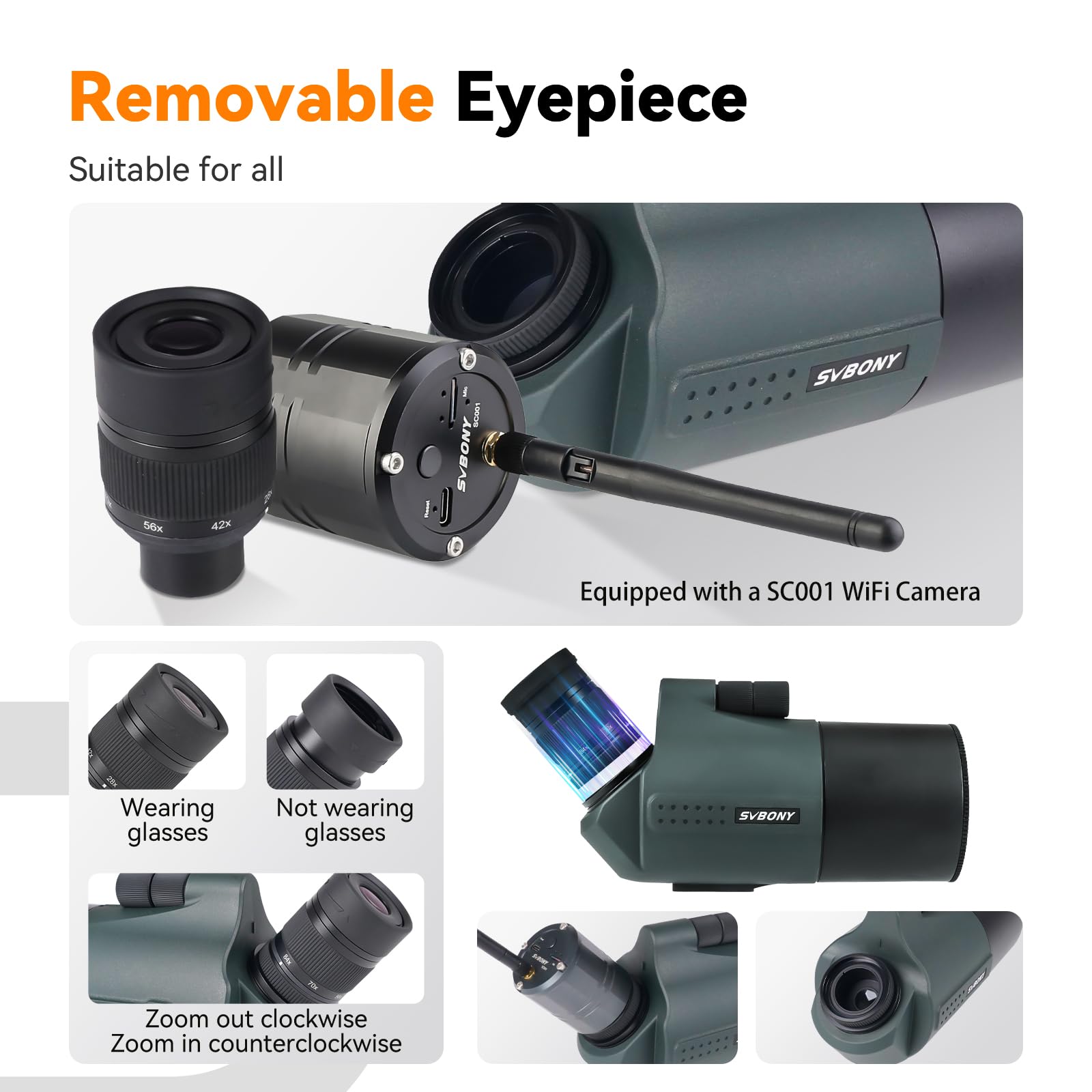 Svbony SV41Pro Mak Luneta Obserwacyjna ze Statywem, SC001 WiFi Camera, Finderscope i Mocowanie Celownika, 28-84X80 FMC Podwójna Prędkość Fokus, Wodoodporne do Astronomiczny Obserwacja Księżycu