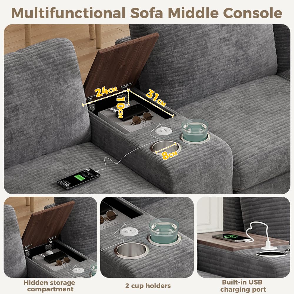 Sapgaks Canapé d'angle modulable en U/L,canapé 6 Places,avec Pouf de Rangement,Console Centrale,2 Porte-gobelets,USB/Type C,Compartiments cachés et Poches d'accoudoir,Velours (Gris)