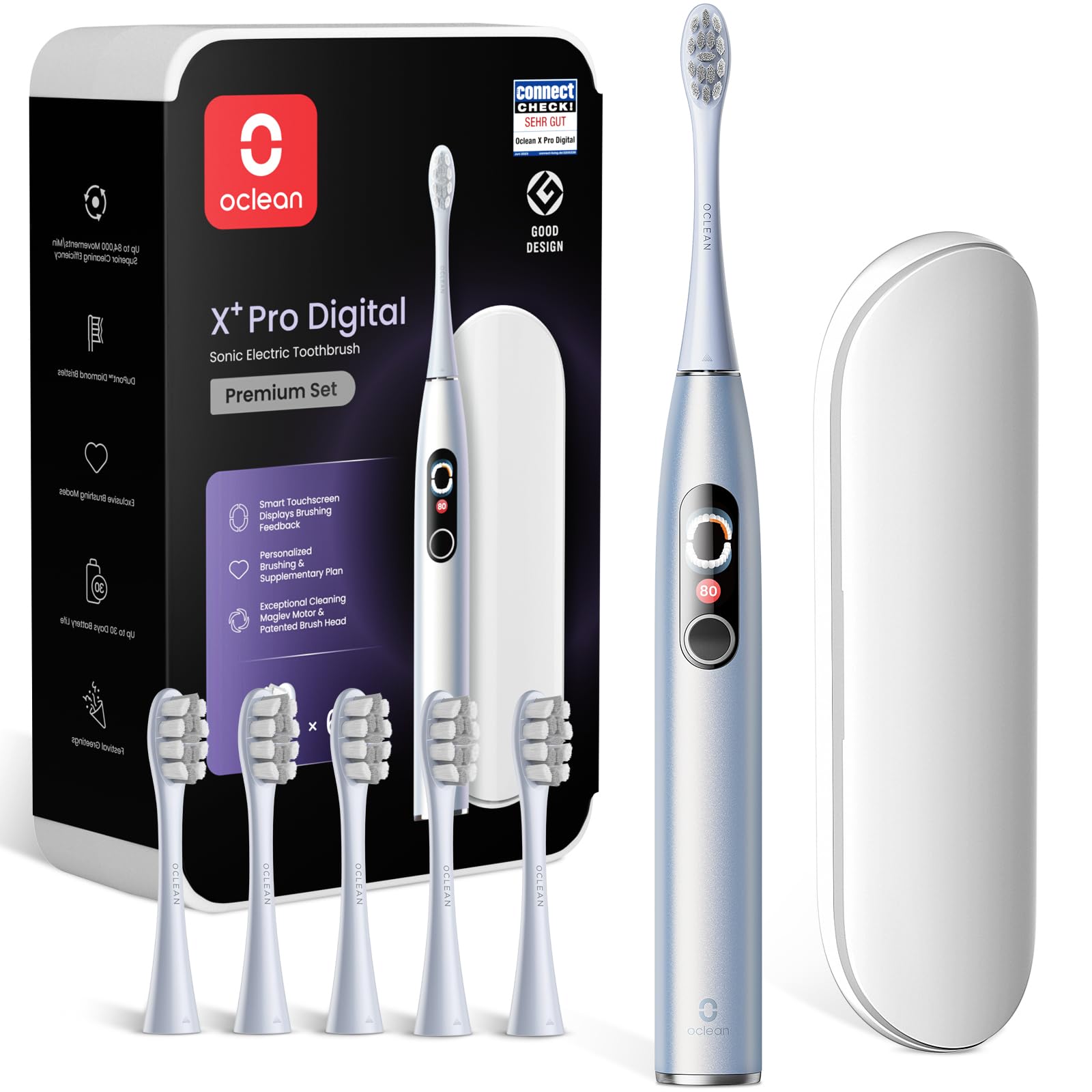 Oclean Cepillo electrico sónico X Series Pro Digital Travel Set, 6 Cabezales, Estuche de viaje, Pantalla táctil inteligente, 3 Modos, Función de cepillado suplementario, 30 días, IPX7, Plateado