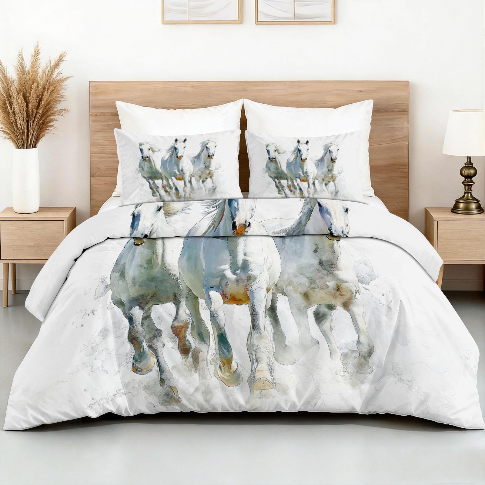 Set copripiumino matrimoniale con stampa ad acquerello, in microfibra, reversibile, 200 x 200 cm, 3 pezzi, con cerniera + 2 federe da 50 x 75 cm, bianco