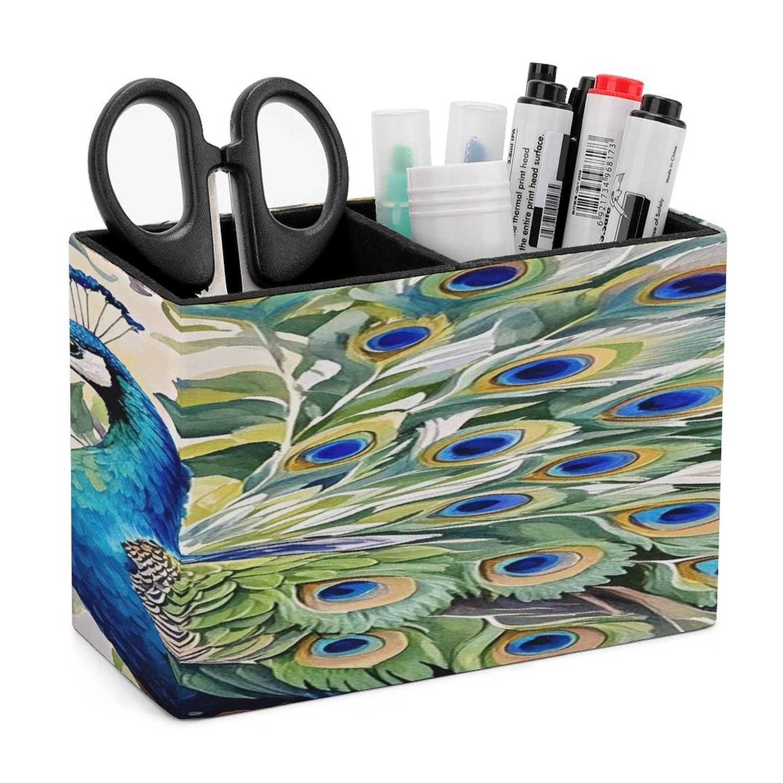FekiLoot Peacock Watercolor Painting Pen Holders for Desk Small Remote Control Holder Leather Pencil Cup with Double Compartments Desktop Organizer for Table Desk Office Space Saving