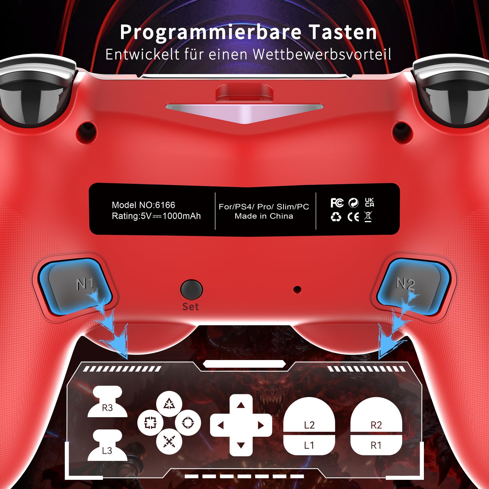 ancihdgm Manette sans fil pour PS4, compatible PS4/Pro/Slim/PC/P3/Android/iOS. Programmable, double vibration, gyroscope 6 axes, éclairage LED, écran tactile et prise de casque - 4