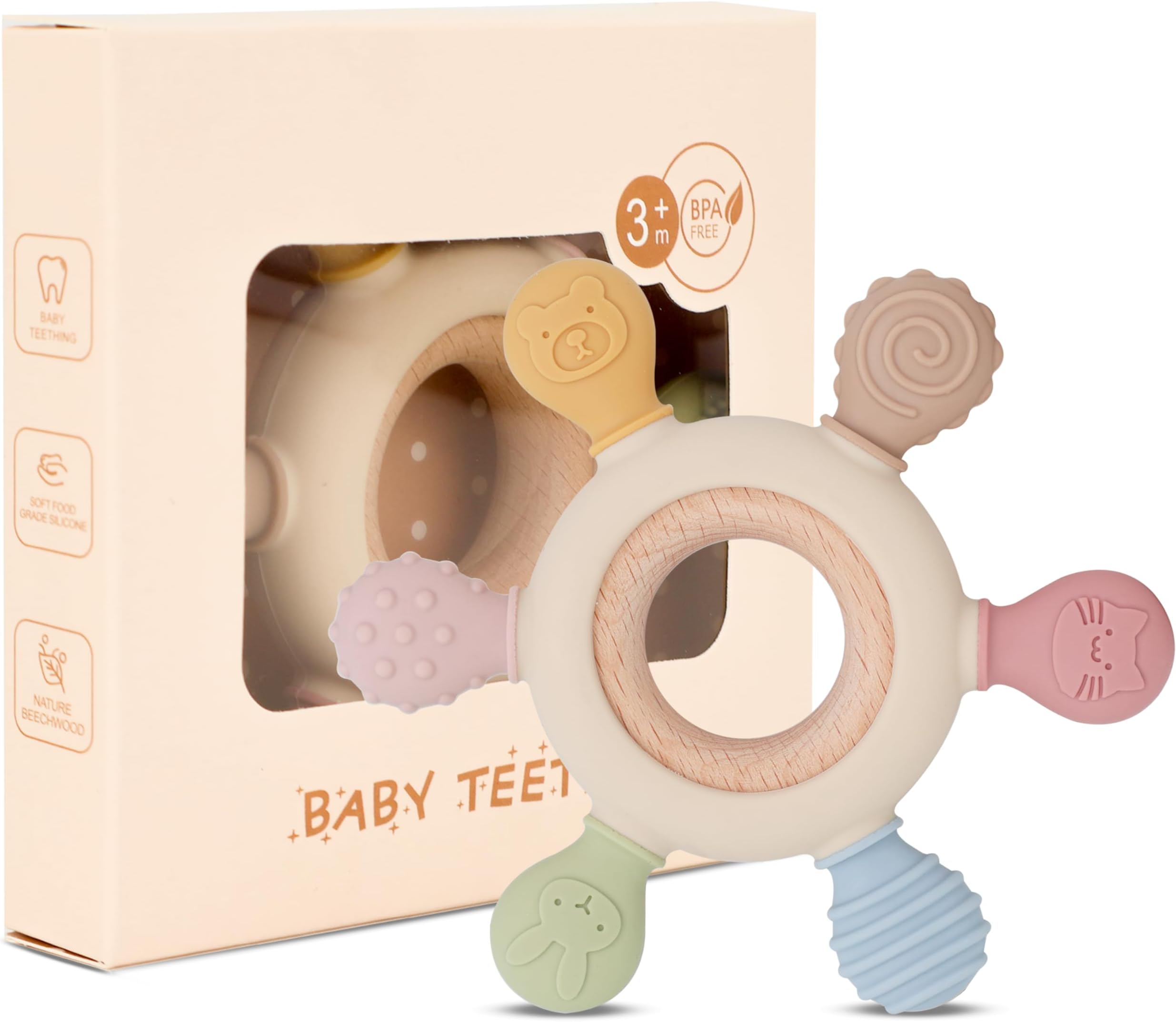 Buy Lyrovo Silicon & Wood Teether for 3+ Months Baby, BPA Free, Beige ...