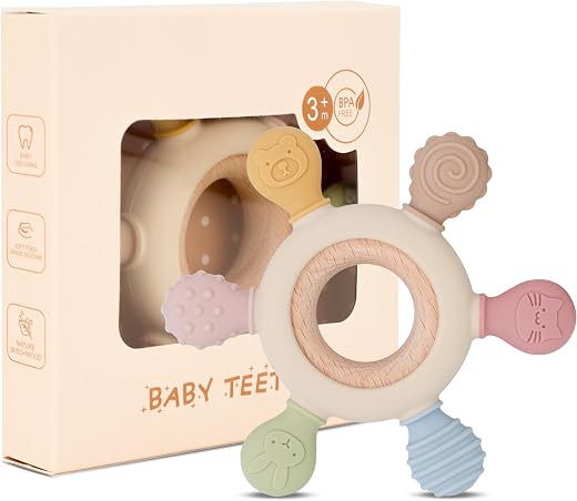 Lyrovo Silicon & Wood Teether for 3+ Months Baby, BPA Free, Beige, infants