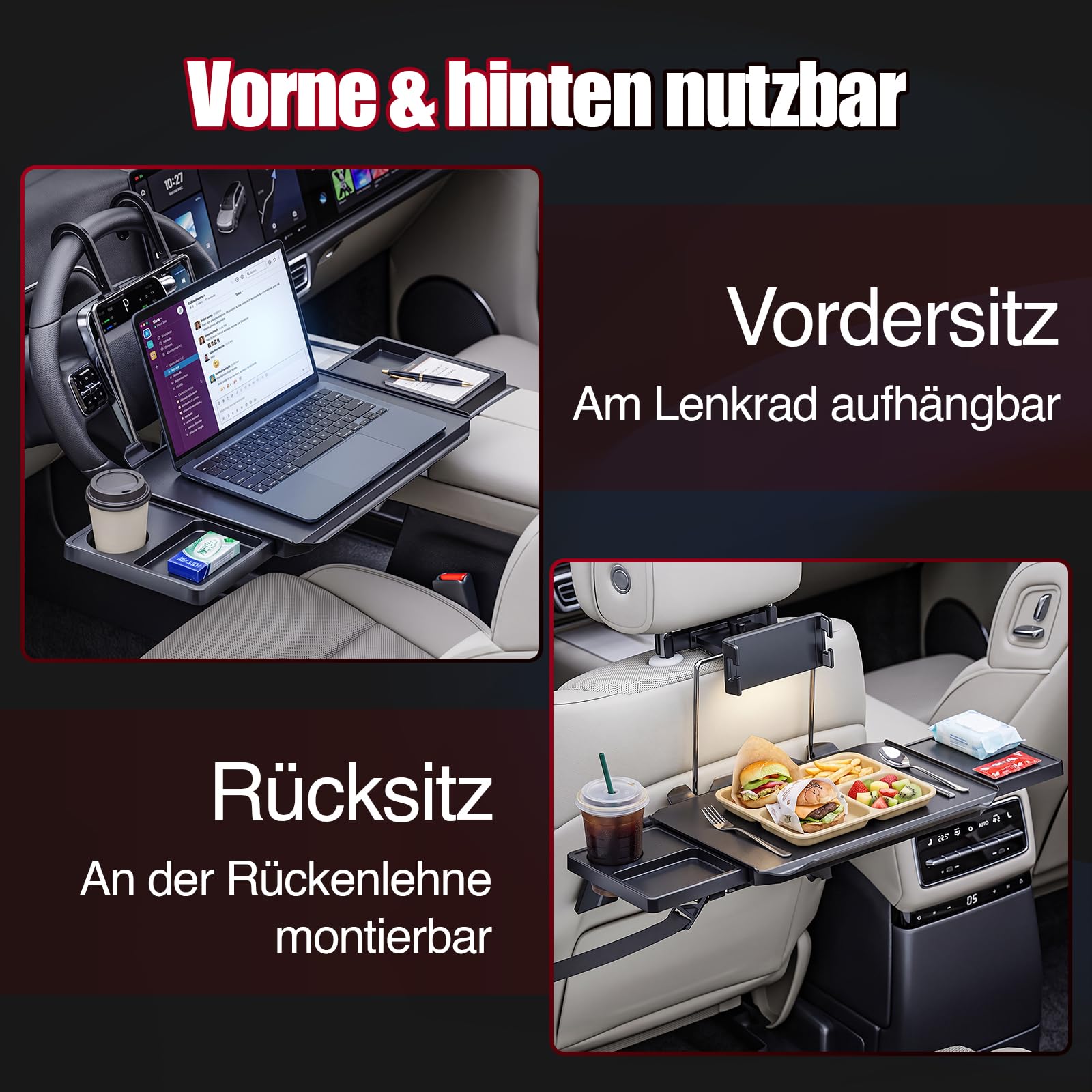 Tavolo pieghevole per auto, allungabile, per l'uso sui sedili anteriori e posteriori, design ergonomico, con portabicchieri nascosti e supporto per cellulare, per lavoro e relax