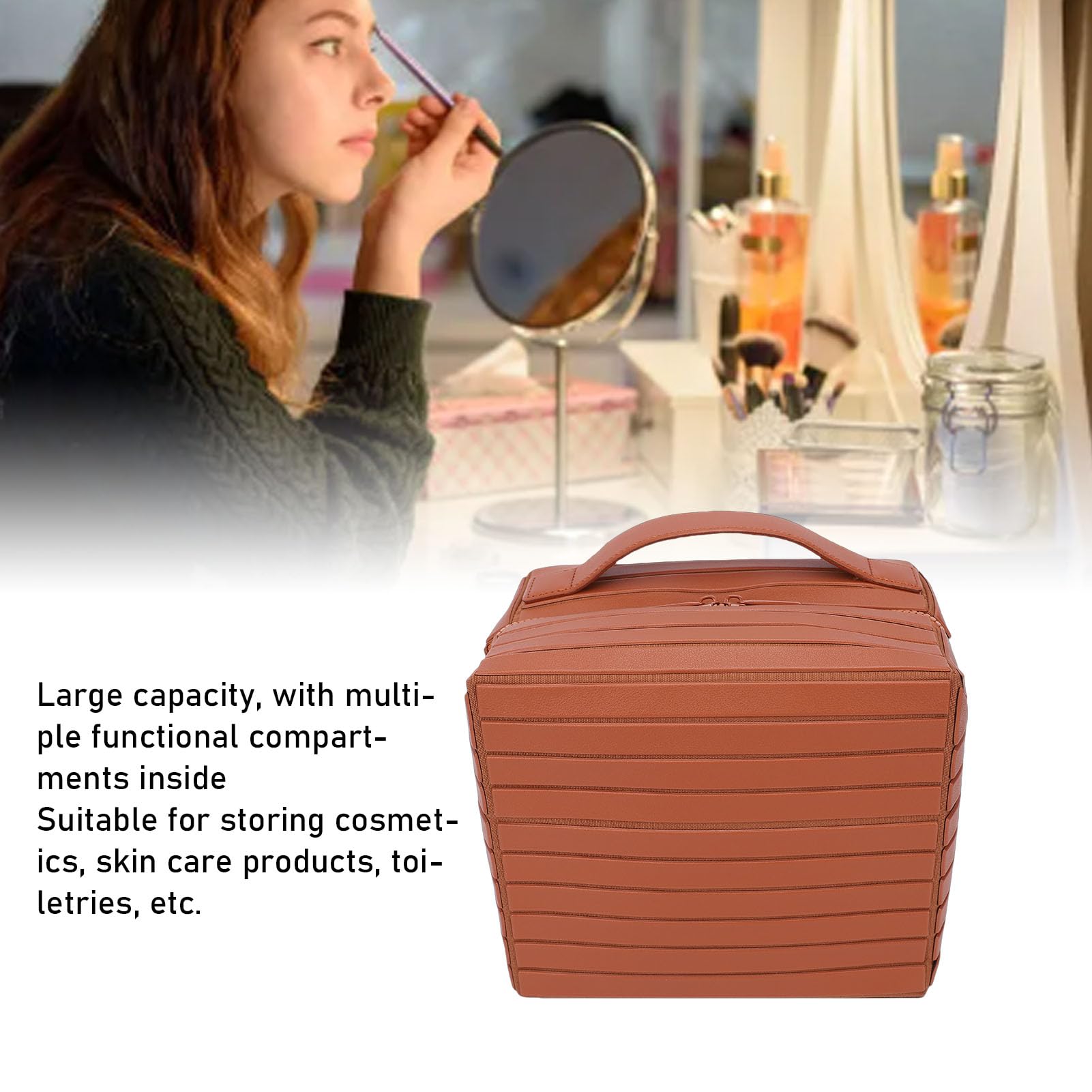 Bolsa de Maquillaje de Viaje, Bolsas de Cosméticos de Gran Capacidad para Mujeres, Bolsa de Aseo Plegable a Prueba de Agua, Diseño Abierto (Brown)