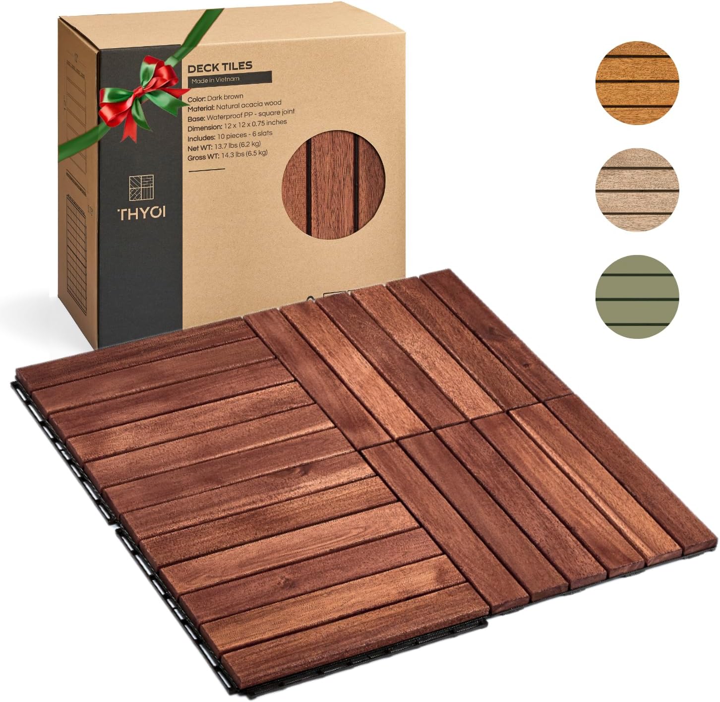 THYOI10 Pcs Wood Deck Tiles Square Joint with Stripe Pattern in Dark Brown Colour (6 Slats, 12” x 12”)