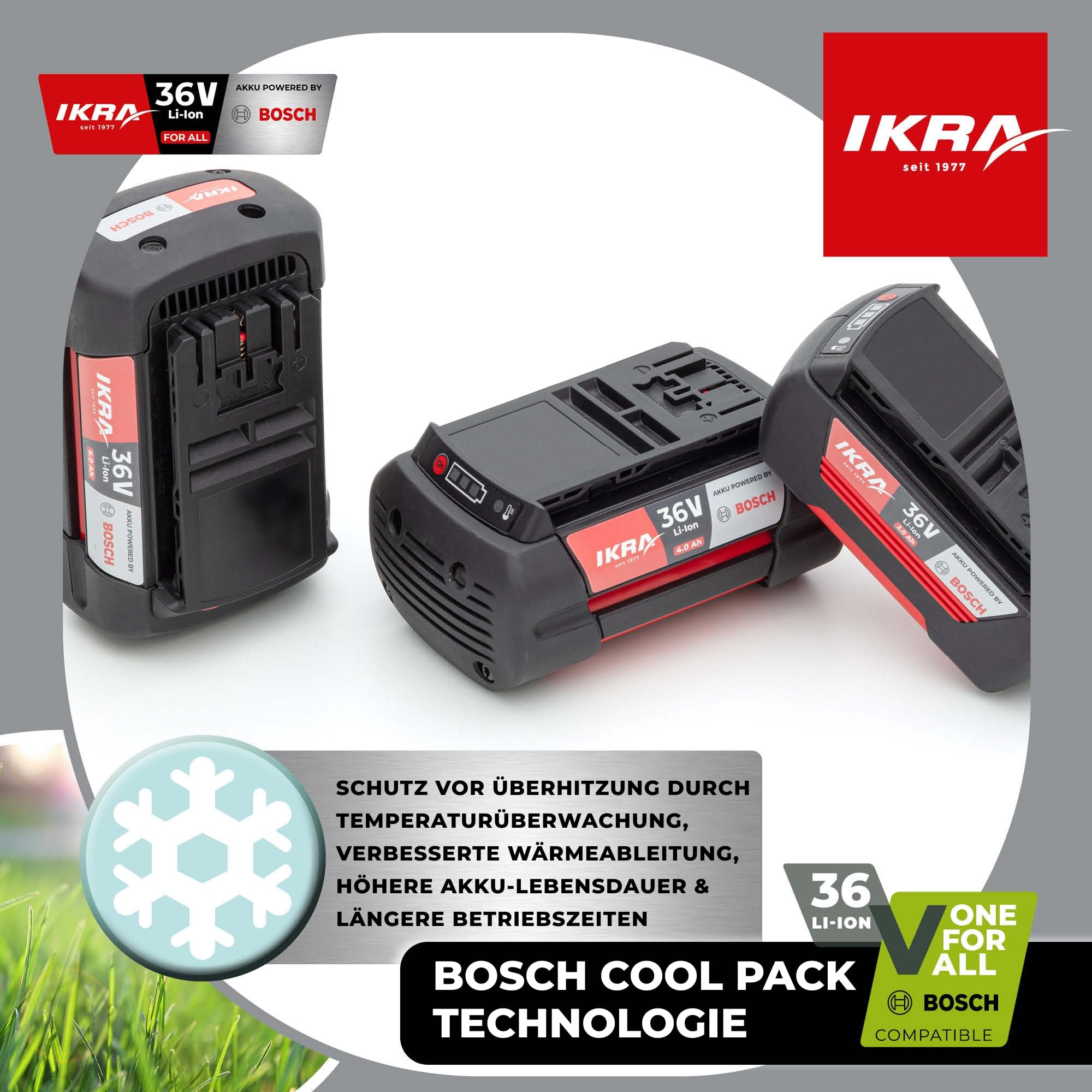 IKRA 36 Volt 4,0Ah Li-Ion Akku Ersatzakku Typ LI 28, Powered by Bosch | Made in Europe, mit Bosch COOLPACK-Technologie, LED-Anzeige, 144Wh, kompatibel mit Bosch 36V Geräten