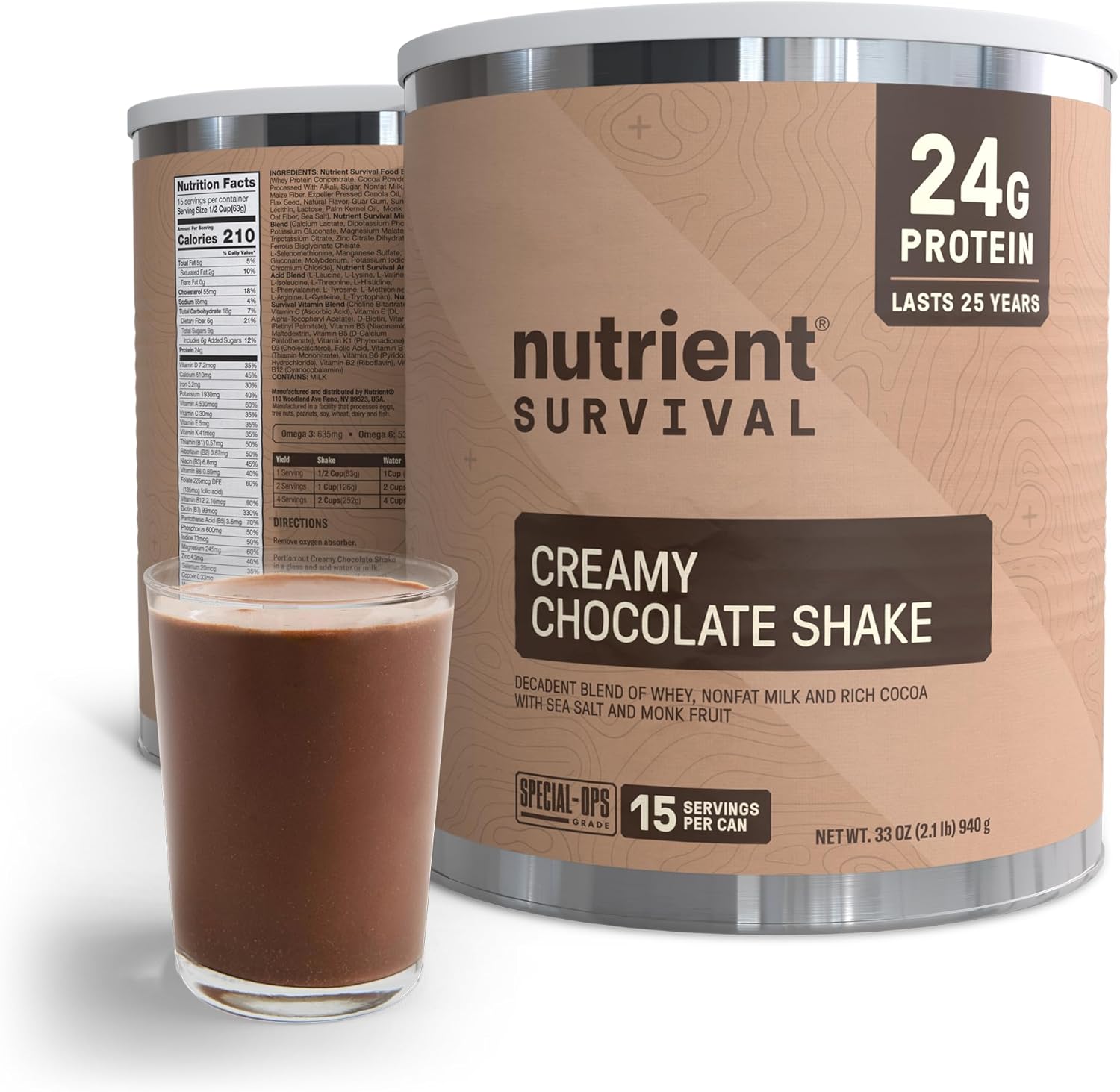 Nutrient Survival Whey Protein Powder Shake Chocolate Shake Gluten-Free, High-Protein Breakfast or Meal Replacement Shake, Perfect Dark Chocolate Smoothie Beverage (15 Servings)