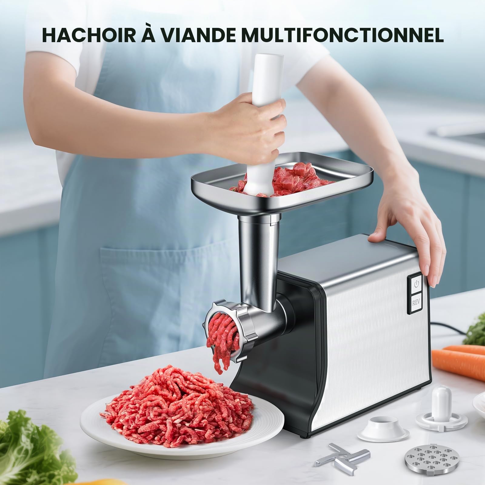 Hachoir à viande électrique, 3000W multifonction en acier inoxydable avec 3 grilles de coupe, 3 lames, kit à kubbe et 3 tubes à saucisses, machine à broyer les aliments pour un usage domestique