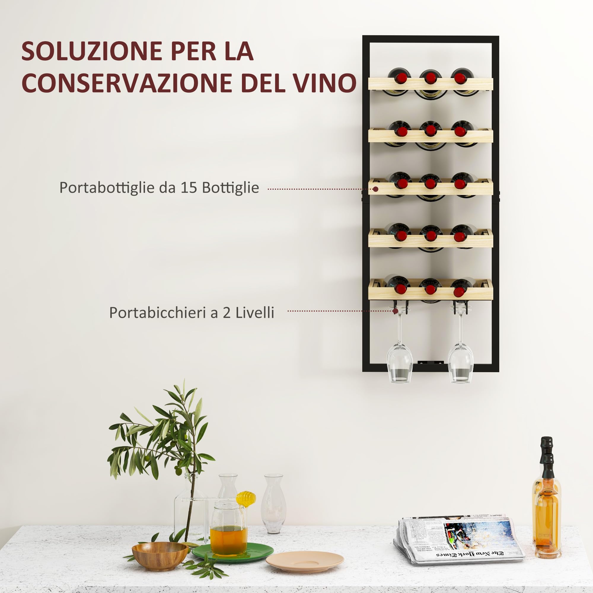 HOMCOM Portabottiglie da Parete Legno e Acciaio 15 Bottiglie Color Legno | Porta Bottiglie di Vino, 4 Calici, Cantinetta Vino, Bar, Cucina, Salotto, Sala da Pranzo, Ristorante