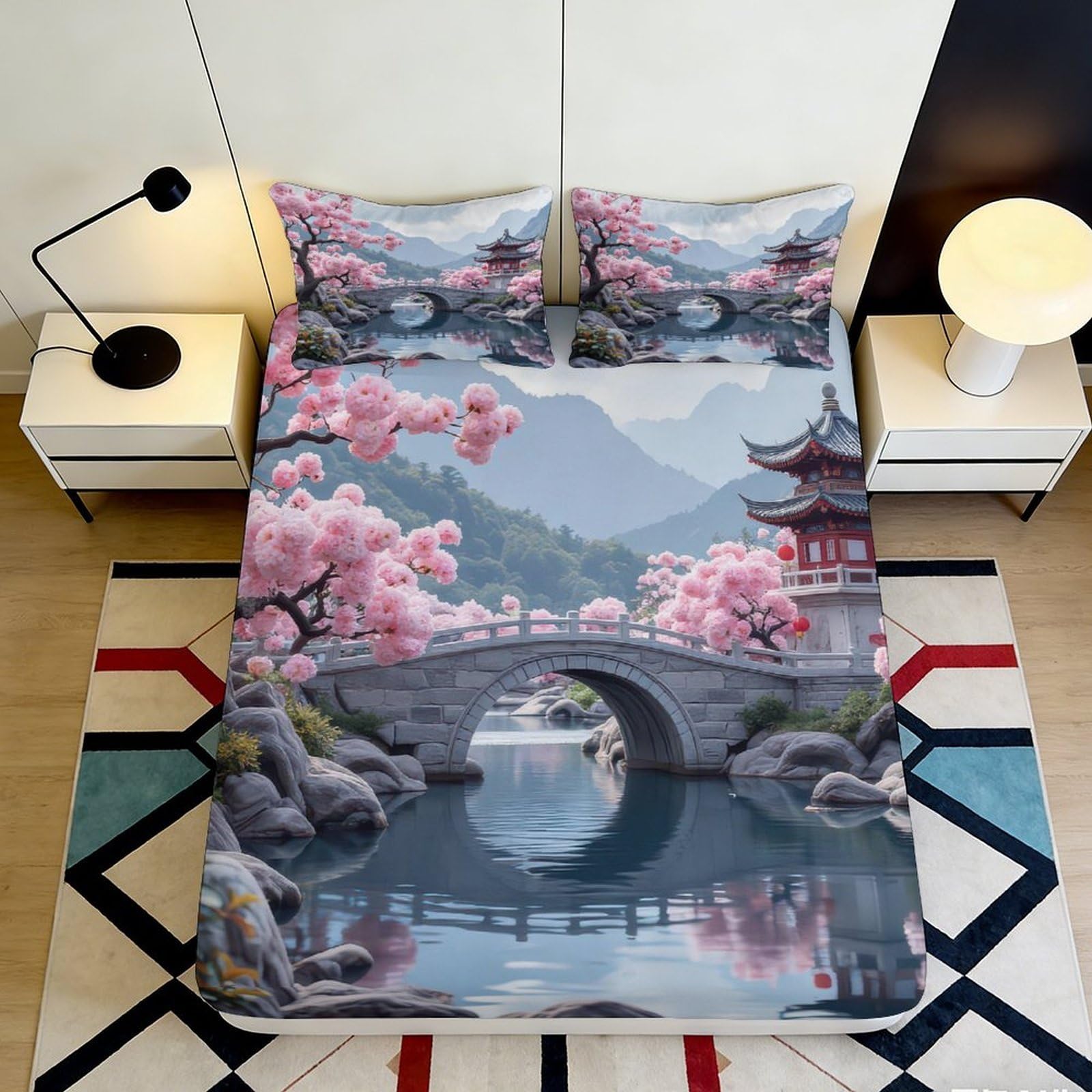 Pnayamiorkfel Style-2 3D Printed Sakura Bridge Fitted Sheet Microfiber Soft Decorative Oriental Pagoda Bed Cover For Bedroom Dorm Guest Room 90X200x25cm