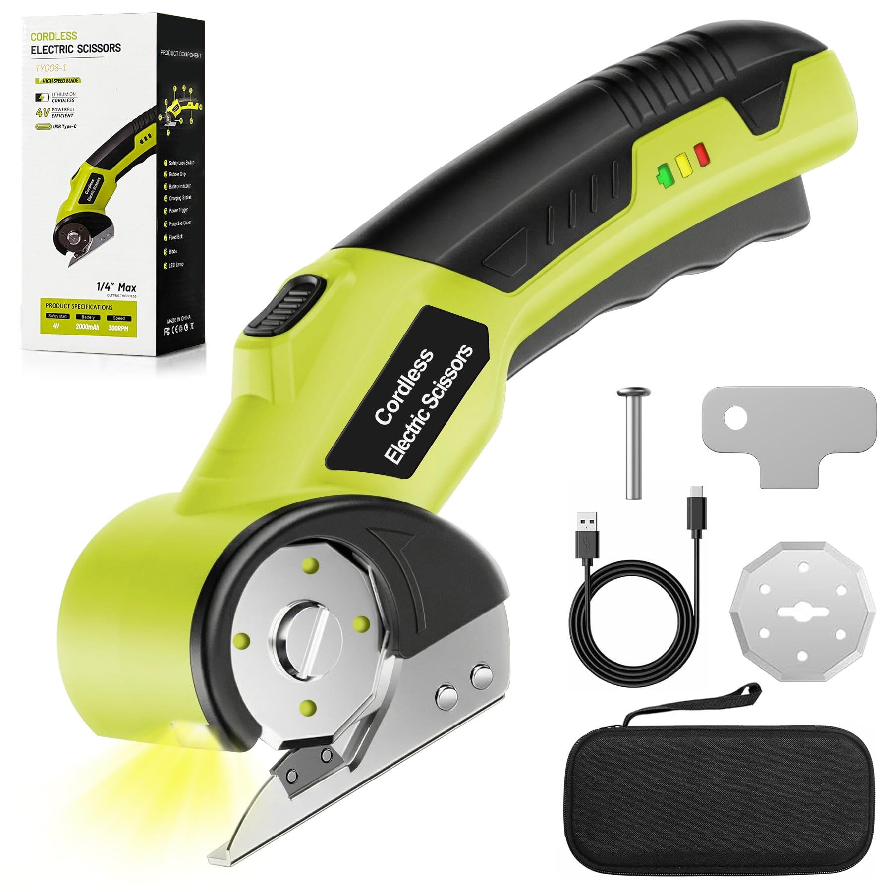Taglierina elettrica senza fili, 4 V, ricaricabile, con 2 lame rotanti, cavo USB, custodia, blocco di sicurezza e luce LED, per cartone, tessuto, plastica, pelle, tappeti, imballaggio, fai da te