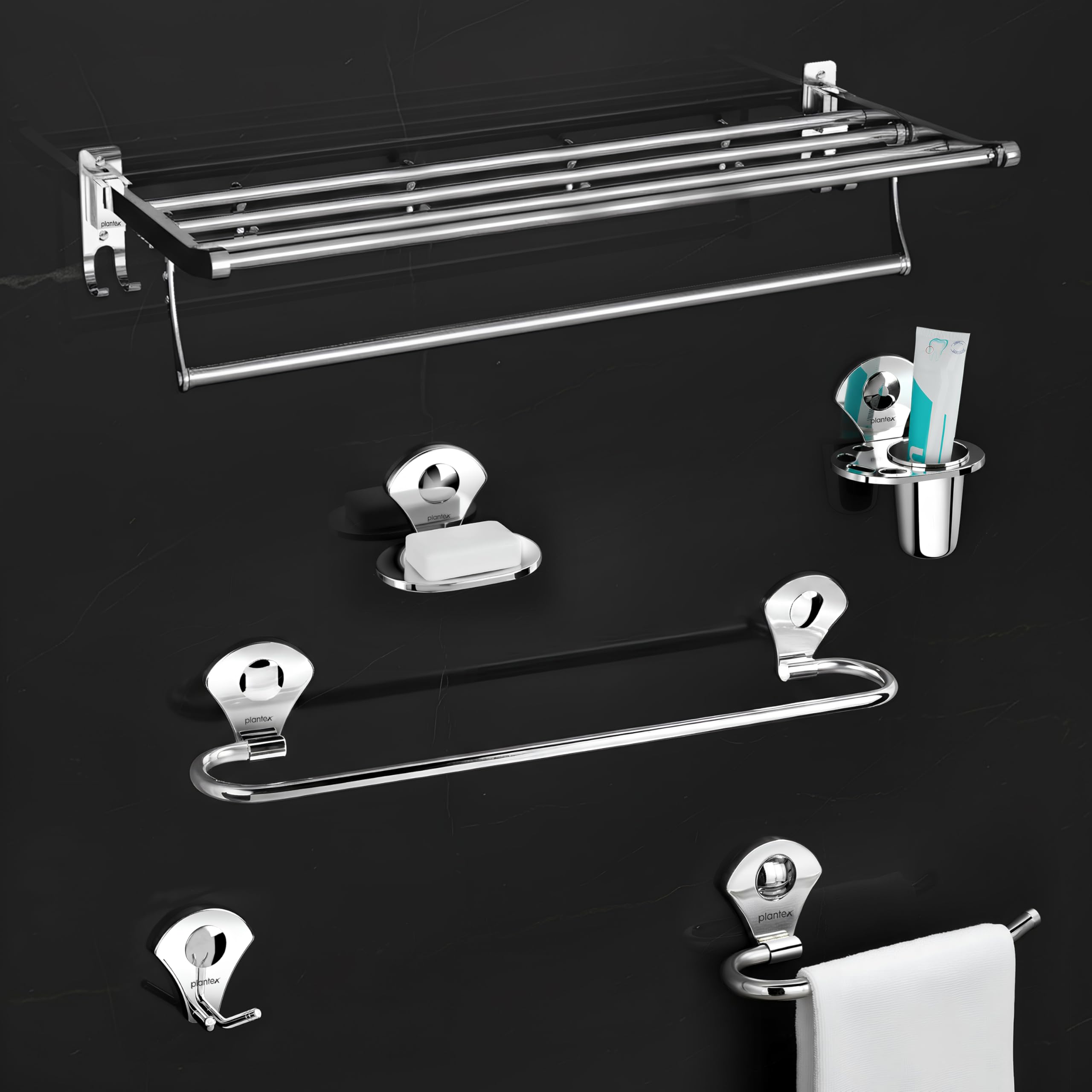 Plantex Stainless Steel 6pcs Bathroom Organizer Set/Bathroom Accessories/Towel Rack/Towel Rod/Soap Holder/Tumbler Holder/Robe Hook(Chrome,Set of 6)
