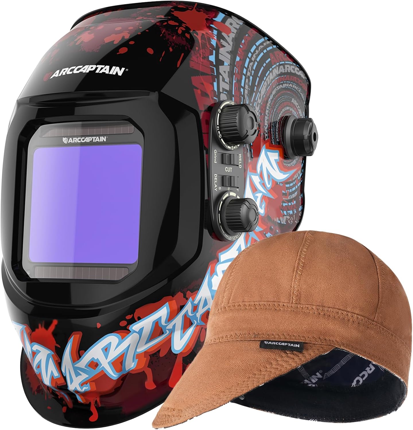 ARCCAPTAIN 3.94"X3.66" Large Viewing Screen Welding Helmet & Khaki Welding Cap, 7 1/4