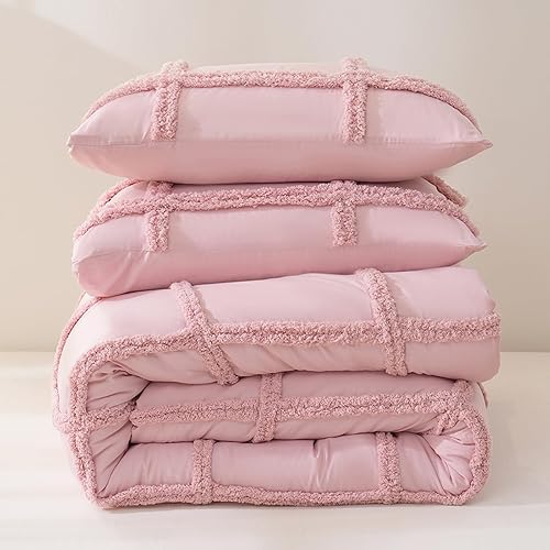 Miniatura 5 de Juego de edredón rosa tamaño Queen, juego de ropa de cama bohemio de chenilla copetuda, ropa de cama bohemia estilo granja Shabby Chic rosa para