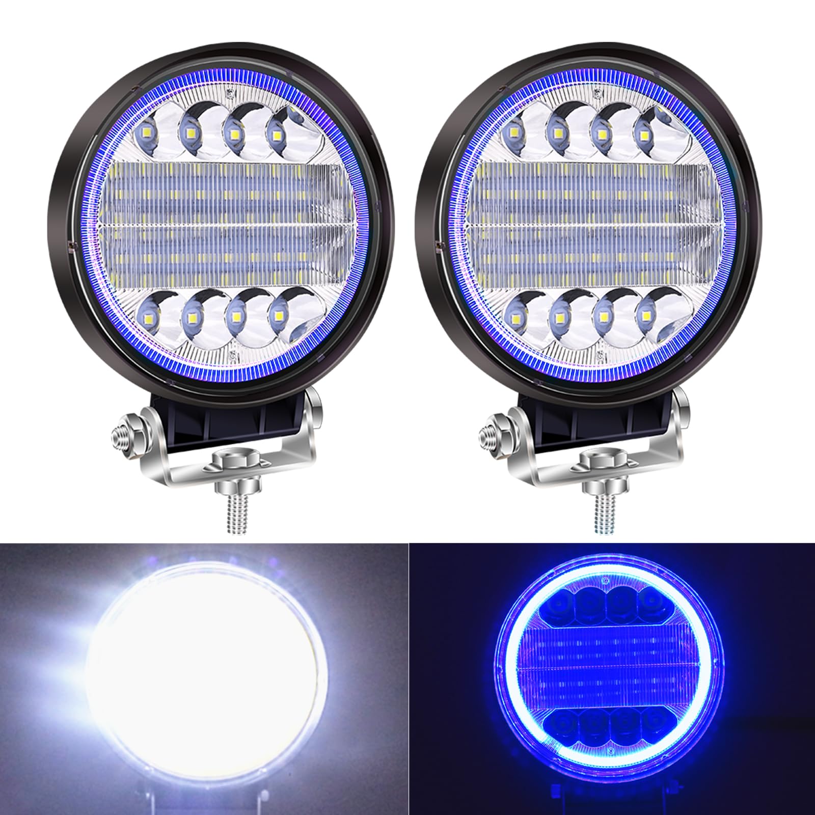 NWpangu 2Pcs 4.5'' LED Work Light Pods, Round Spot Flood Combo Work Light Bars Car Spot Lights with Blue Halo for 4x4, SUV, ATV, Tractor.