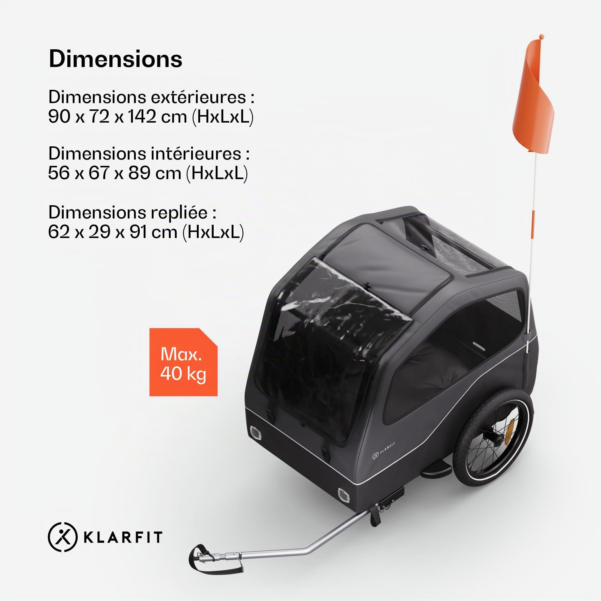 Klarfit Goldie Home remorque de vélo pour Chiens, Volume 334 L, imperméable, réflecteurs & Drapeau de sécurité, capacité de Charge 40 kg, Pliante, Roues de 16 Pouces, Noire