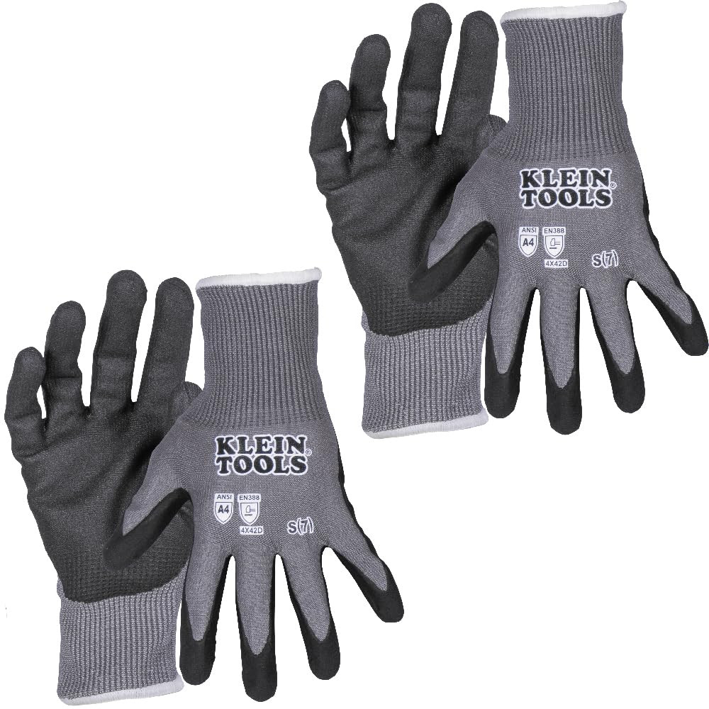 KLEIN TOOLS 60587 Work Gloves, Knit Dipped Cut Resistant ANSI A4 Nitrile Coated Gloves, HPPE Fabric, Touchscreen Capable, Small, 2-Pair