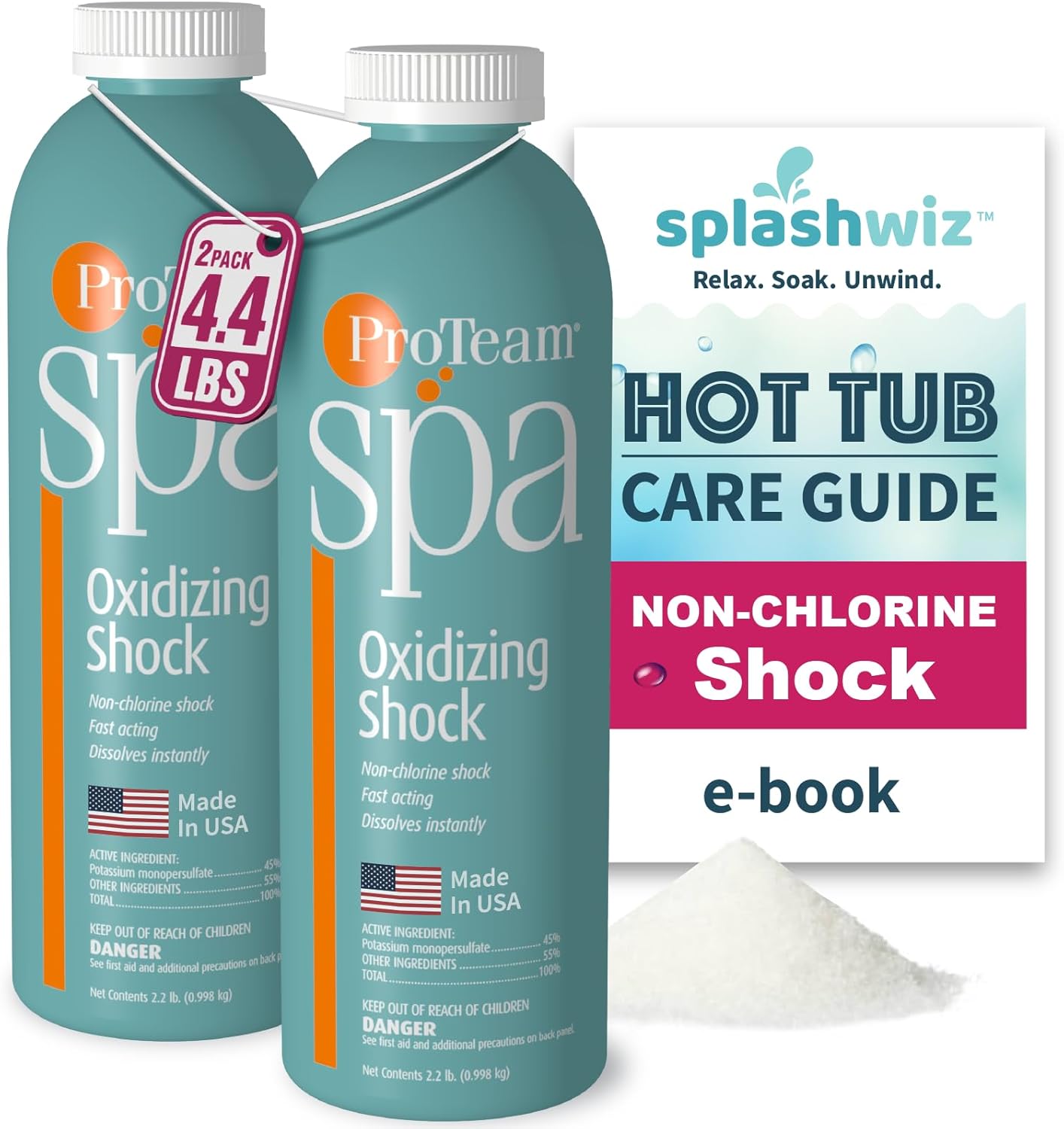 ProTeam Non-Chlorine Spa Shock for Hot Tub – Fast-Acting Oxidizing Shock Treatment, Clears Cloudy Water & Eliminates Odors – Made in USA, 2.2 lb (2 Pack) + SplashWiz Care e-Book