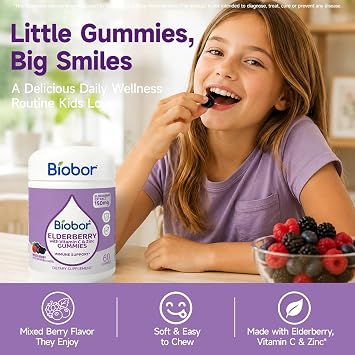 Biobor Elderberry Gummies with Vitamin C & Zinc, Immune Support, 60 Count