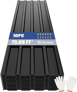 Brakki Metal Roofing Panels 10pcs 75 ft2, Corrugated Roof Panels, Black | L61.02"xW17.72", Galvanized Steel, with Screw, Heavy Duty Metal Siding, Suitable for Garages Chicken Coop Shed Stables Patio