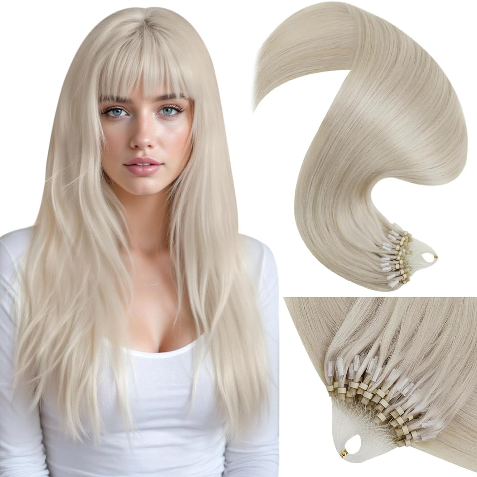 LaaVoo Human Hair Extensions Micro Ring 20 Inch Real Blonde Remy Straight White Blonde Invisible Micro Beads Hair Extensions 50g 50s #60