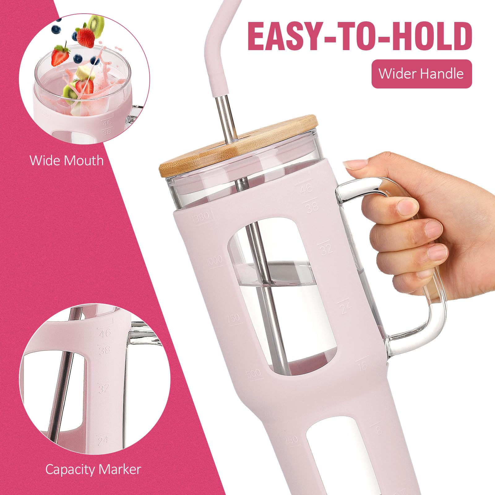 BLUEGO Glass Tumbler with Lid and Straw, 1400ml Iced Coffee Cup with Handle, Glass Water Bottles with Silicone Sleeve - Image 2
