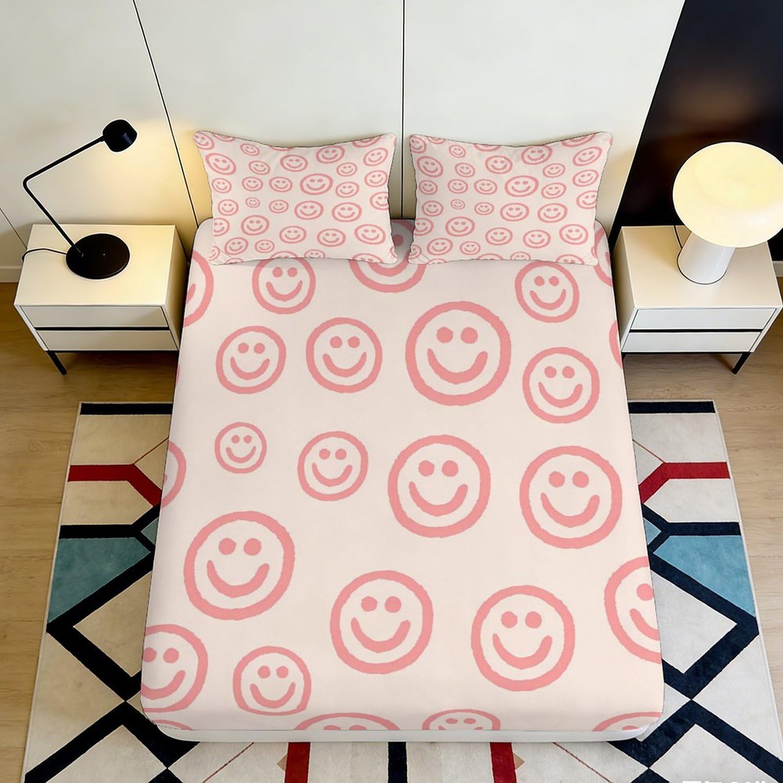 3D Printed Pink Smiley Face Fitted Sheet Microfiber Soft Breathable Happy Pattern Mattress Cover for Bedroom Dormitory Guest Room Protection Decor 140x200x25cm