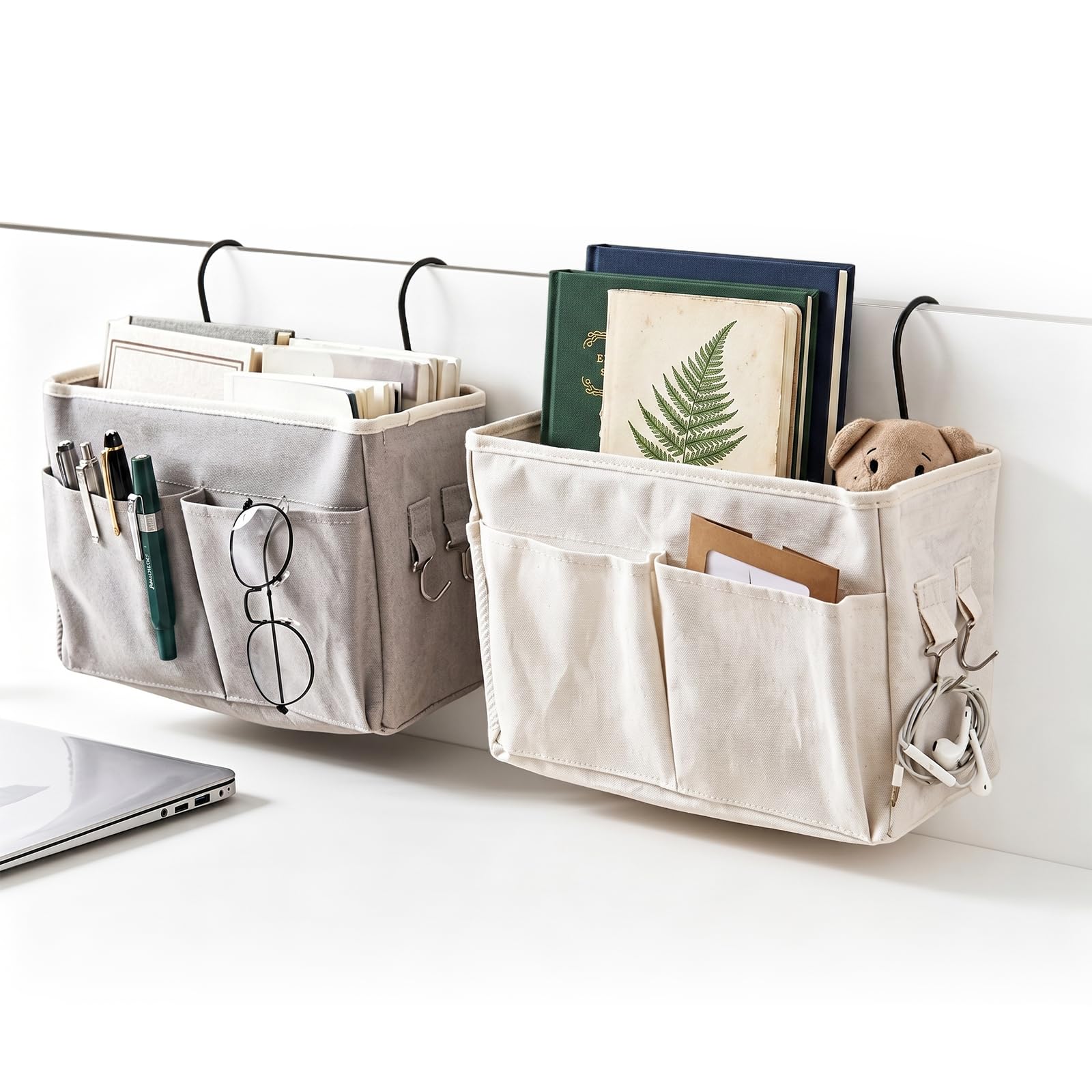 SRVAXZN 2 Pcs Bedside Storage Caddy, Wall Hanging Organizer Bag with Side Hooks Canvas Bedside Organizer Pockets for Bunk Bed Dormitory Bedroom Office (Grey, Beige)