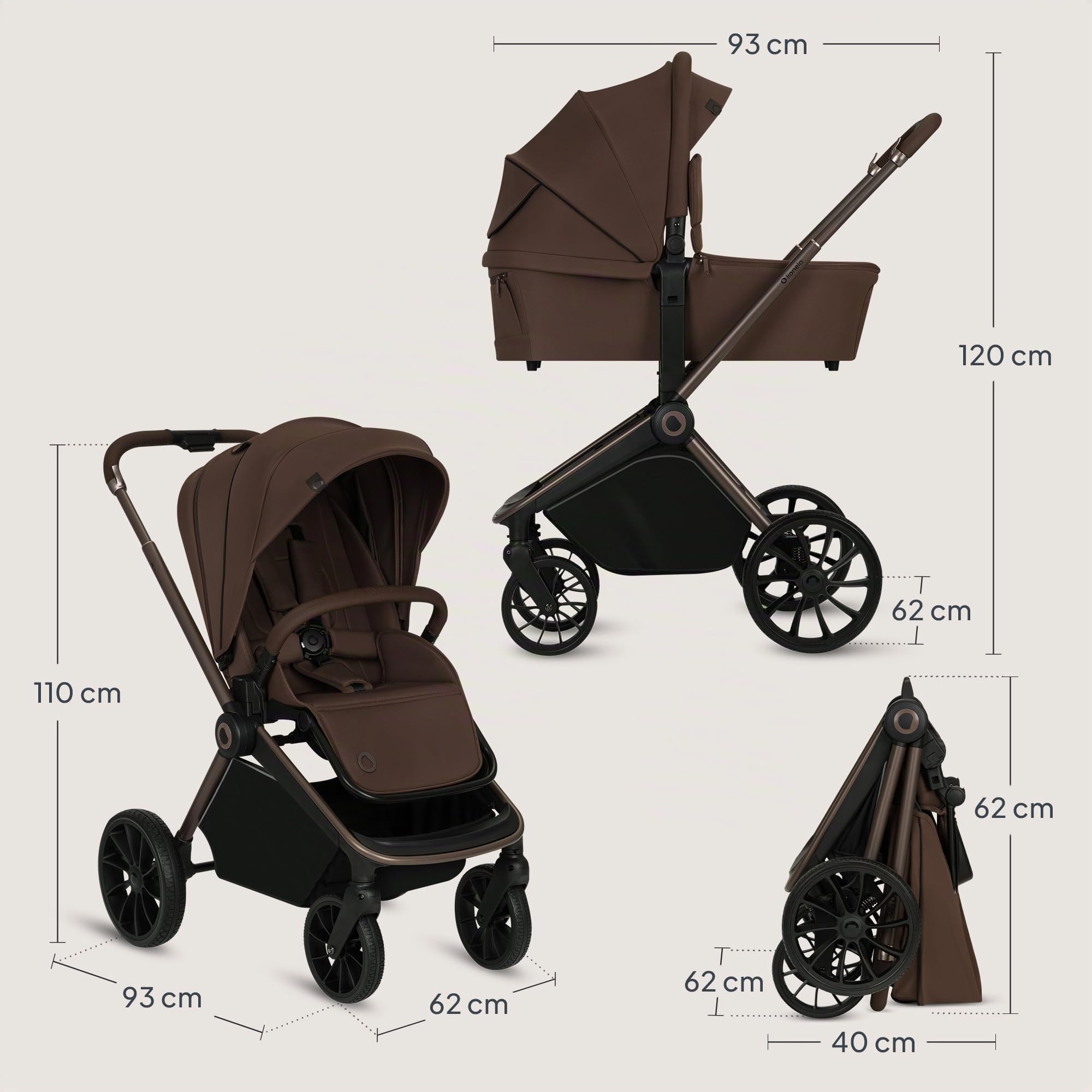 LIONELO MIKA PLUS 2 en 1 Cochecito de bebé 0-48 meses hasta 22 kg Capazo hasta 9 kg, Ajuste de Respaldo y Reposapiés, Suspensión, AiryDots, Ruedas de PU giratorias 360° Capota XXL